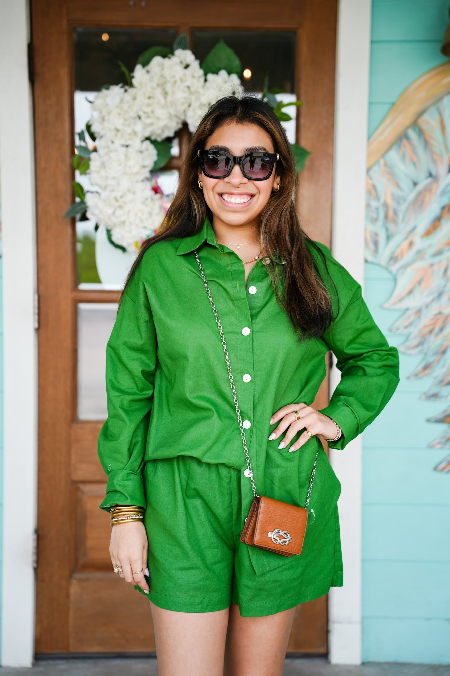 Green Long Sleeve Shirt and Shorts Set