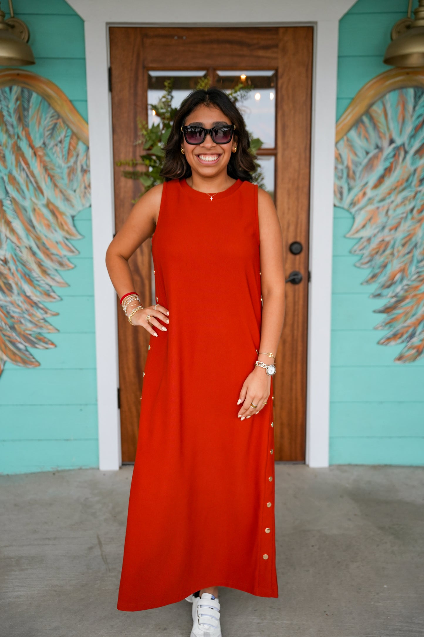 Rust Gold Button Maxi Dress