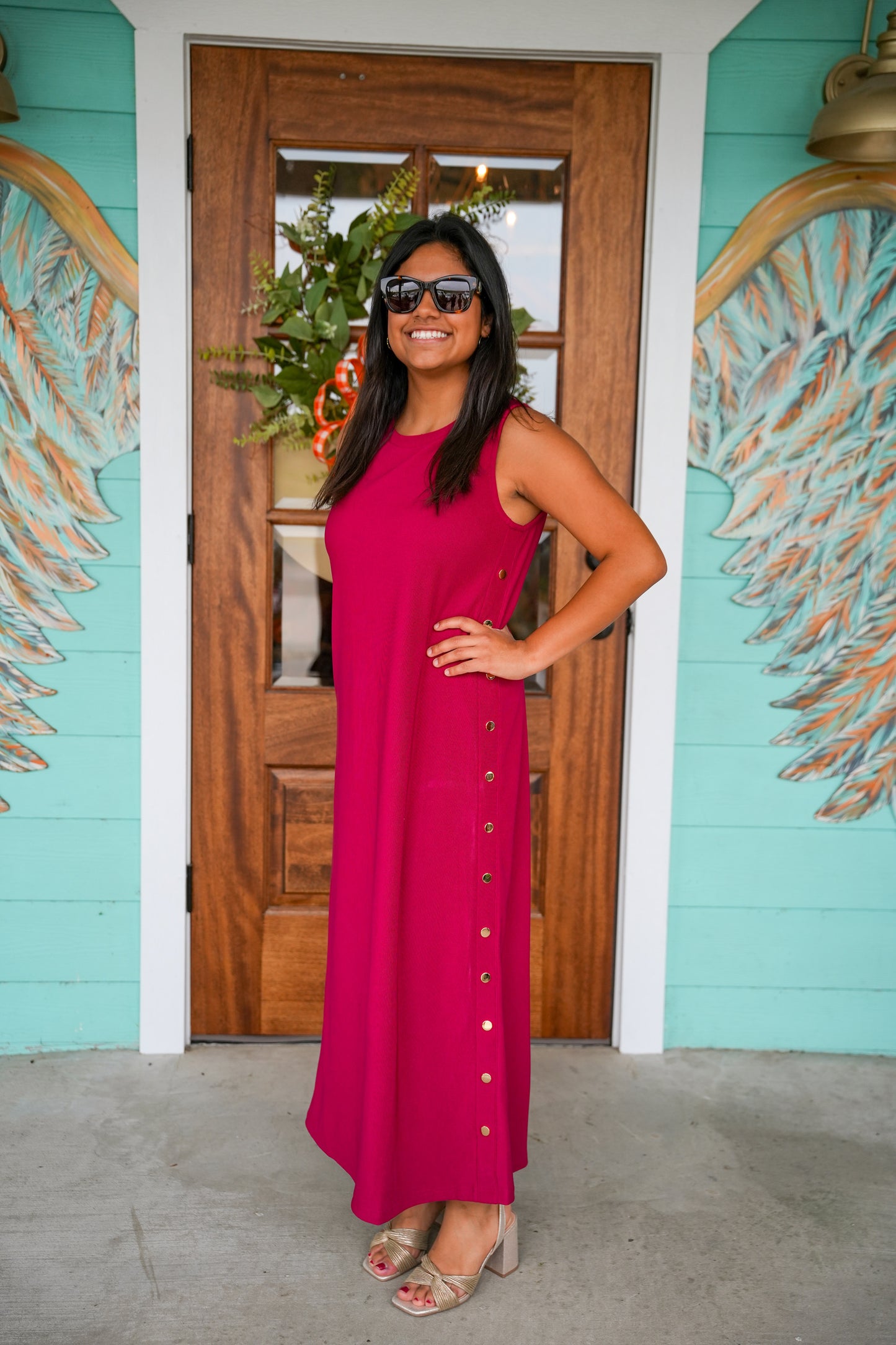 Cranberry Gold Button Maxi Dress