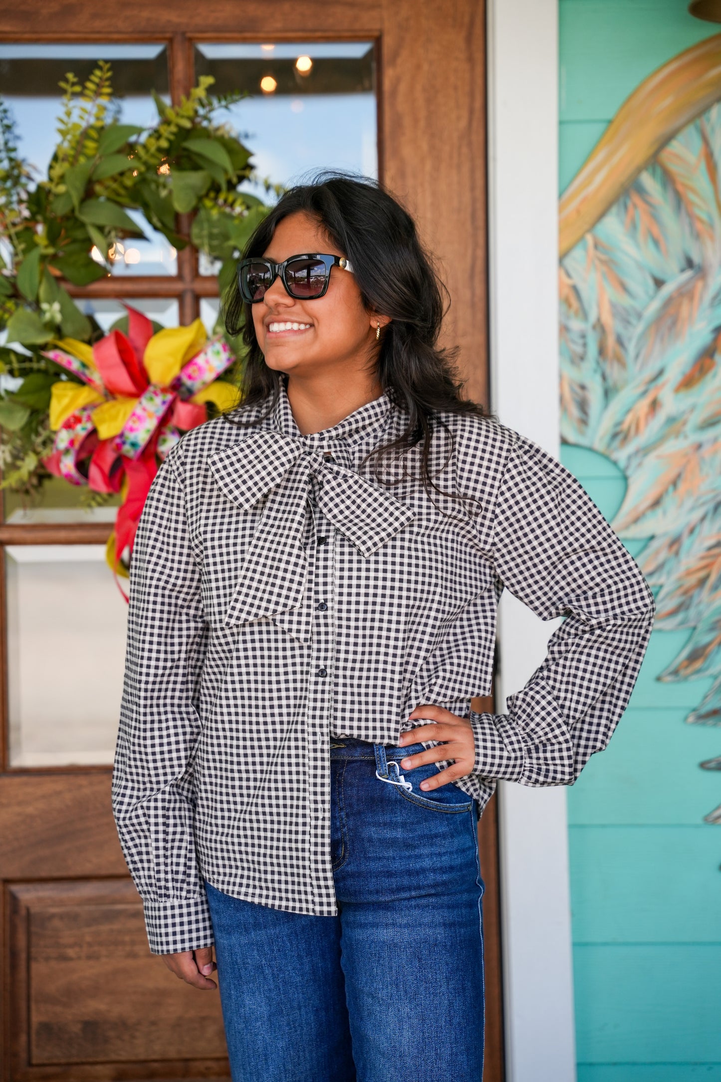 Black Gingham Sadie Tie Detail Top