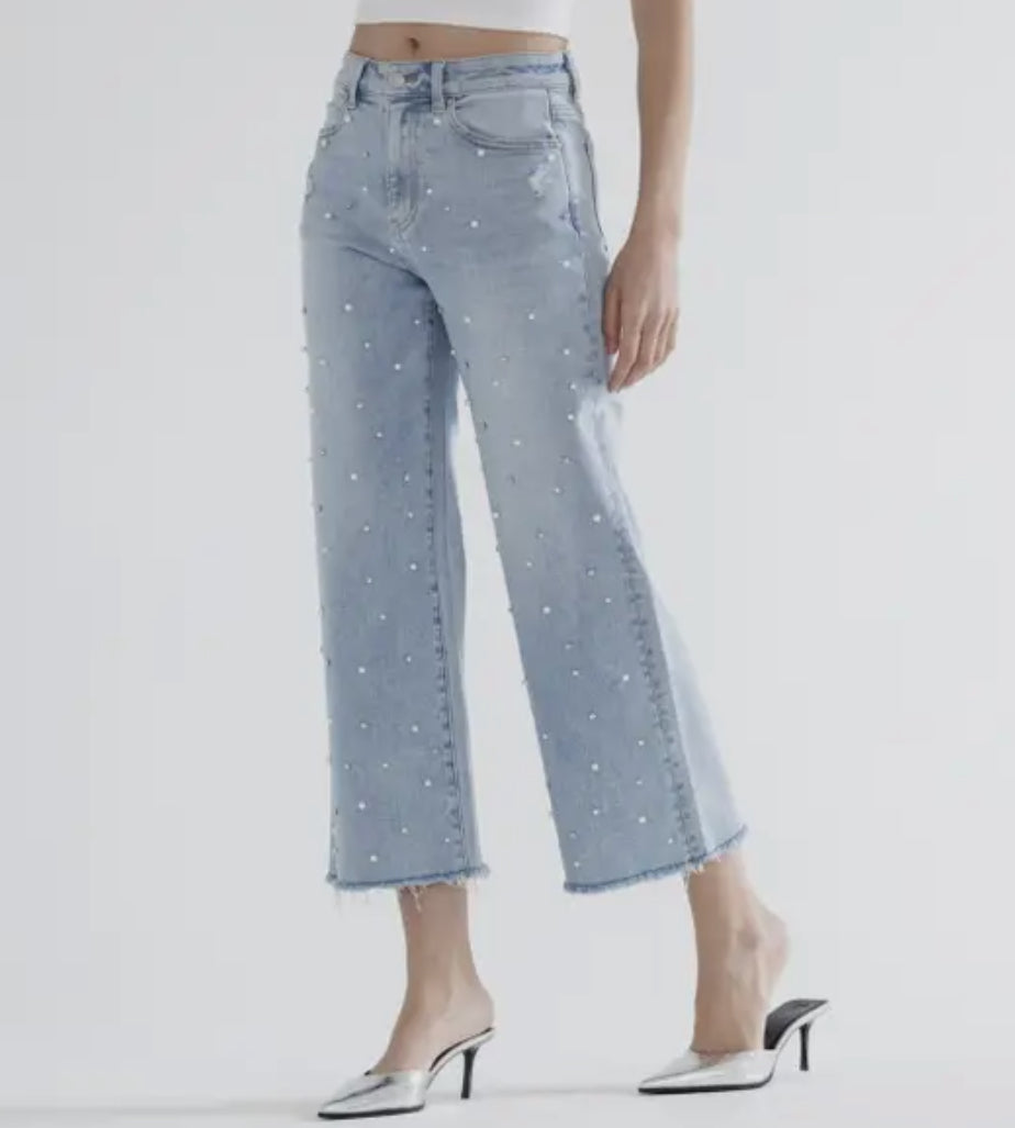 Mica Rhinestone Pearl Wide Leg Denim