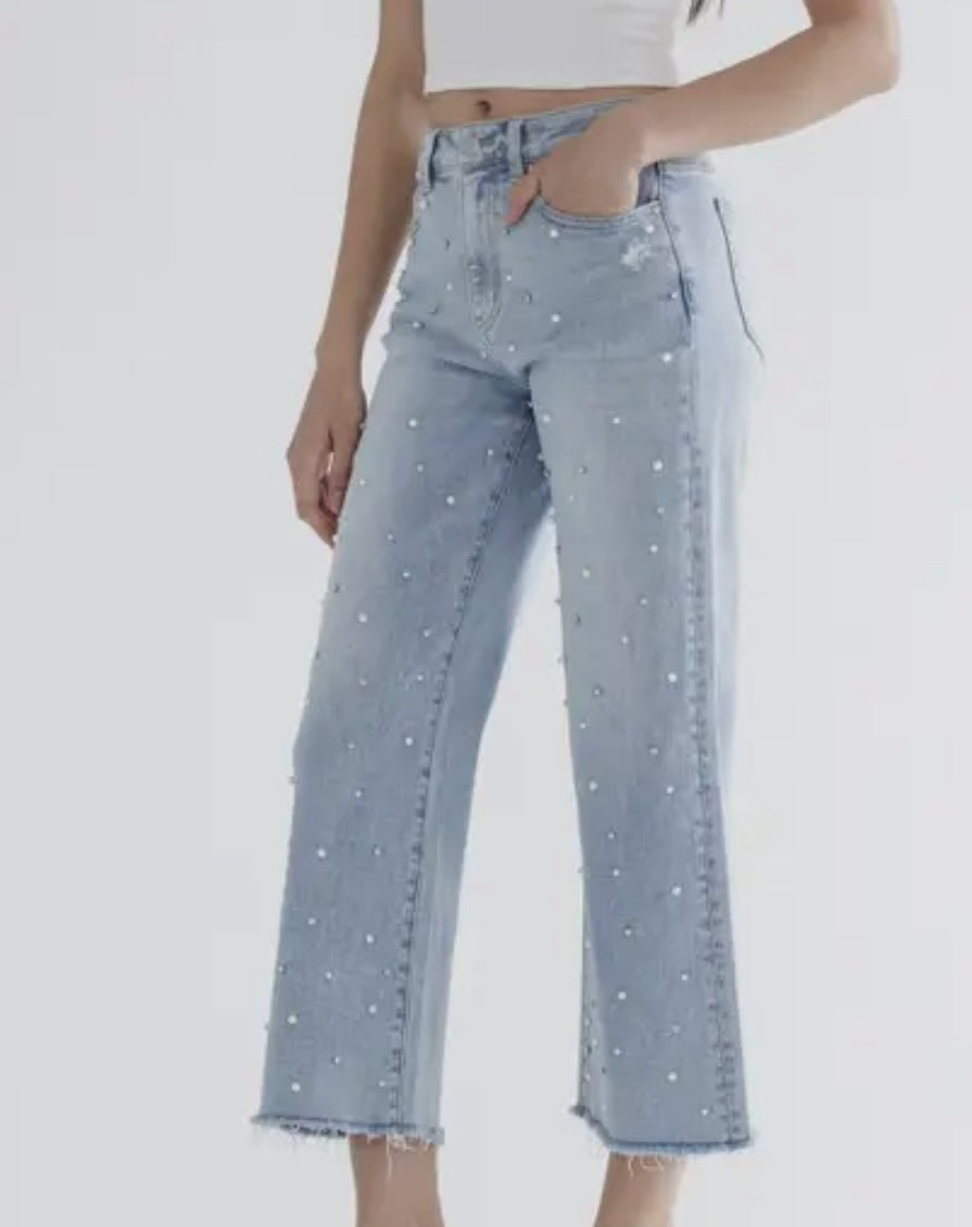Mica Rhinestone Pearl Wide Leg Denim