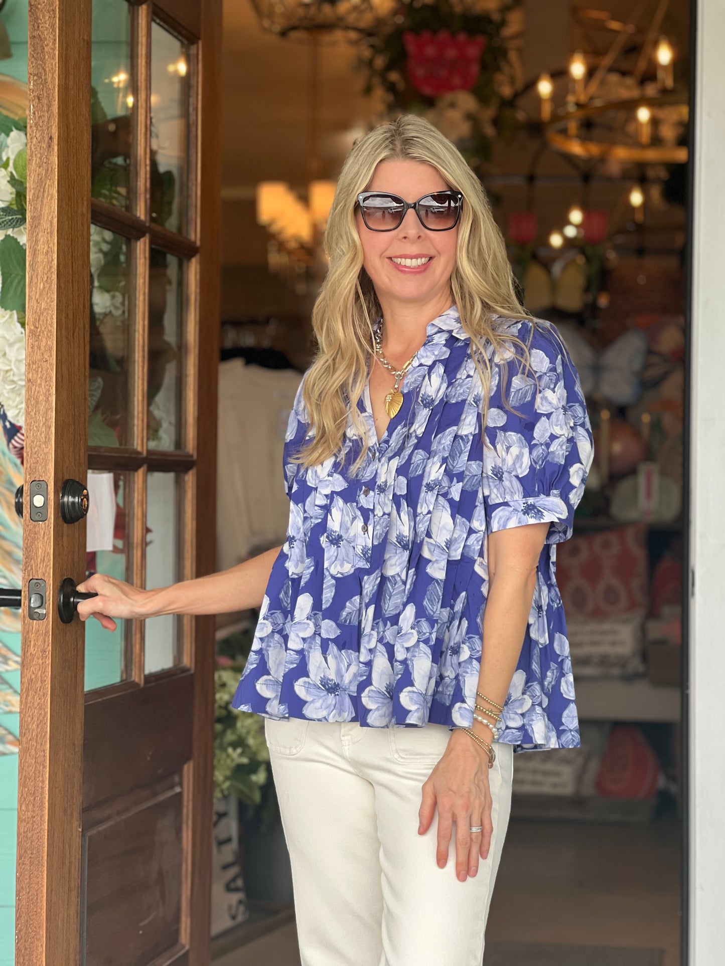 Indigo Floral Pleated Top