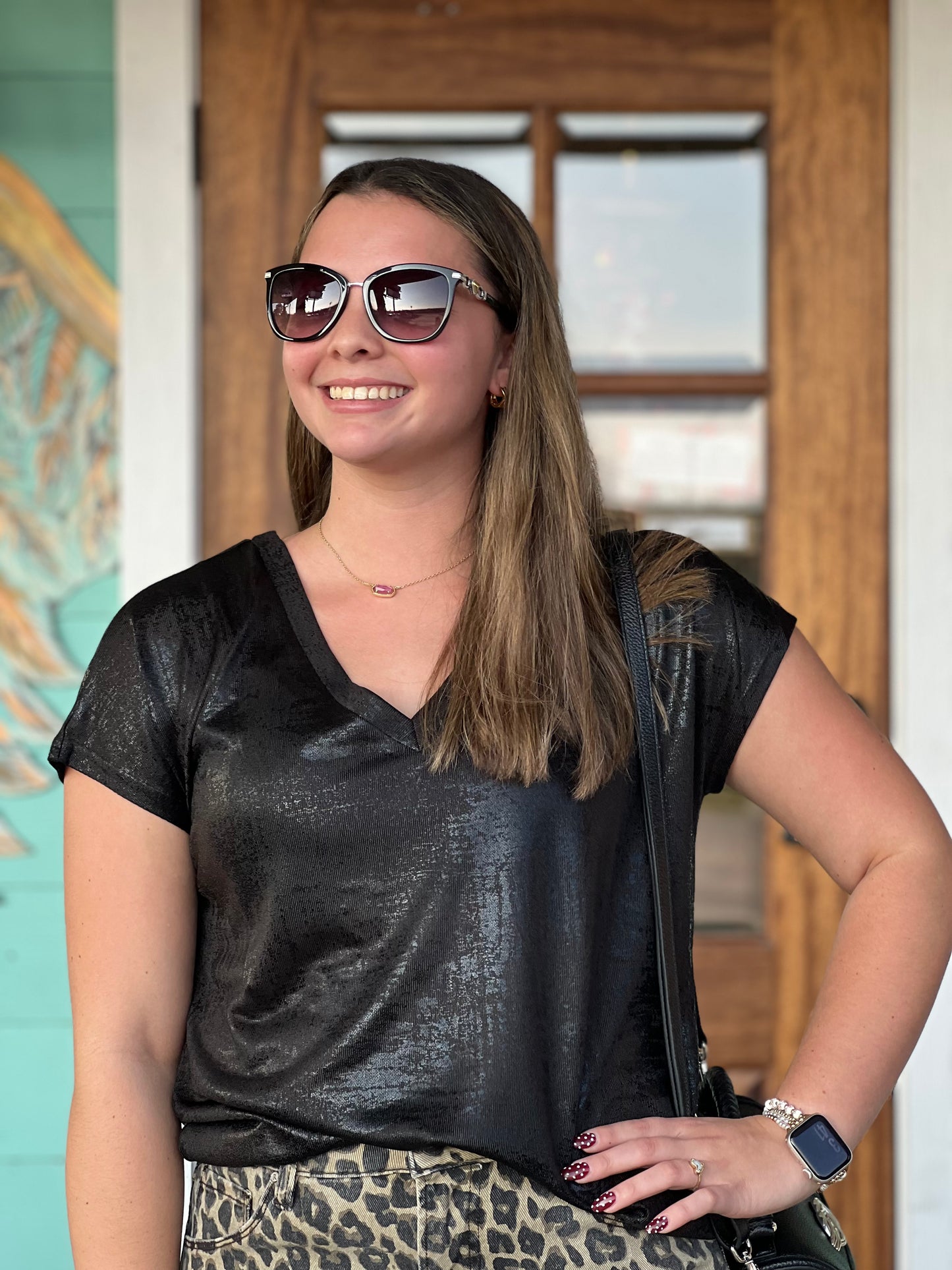 Metallic Black V-Neck Top