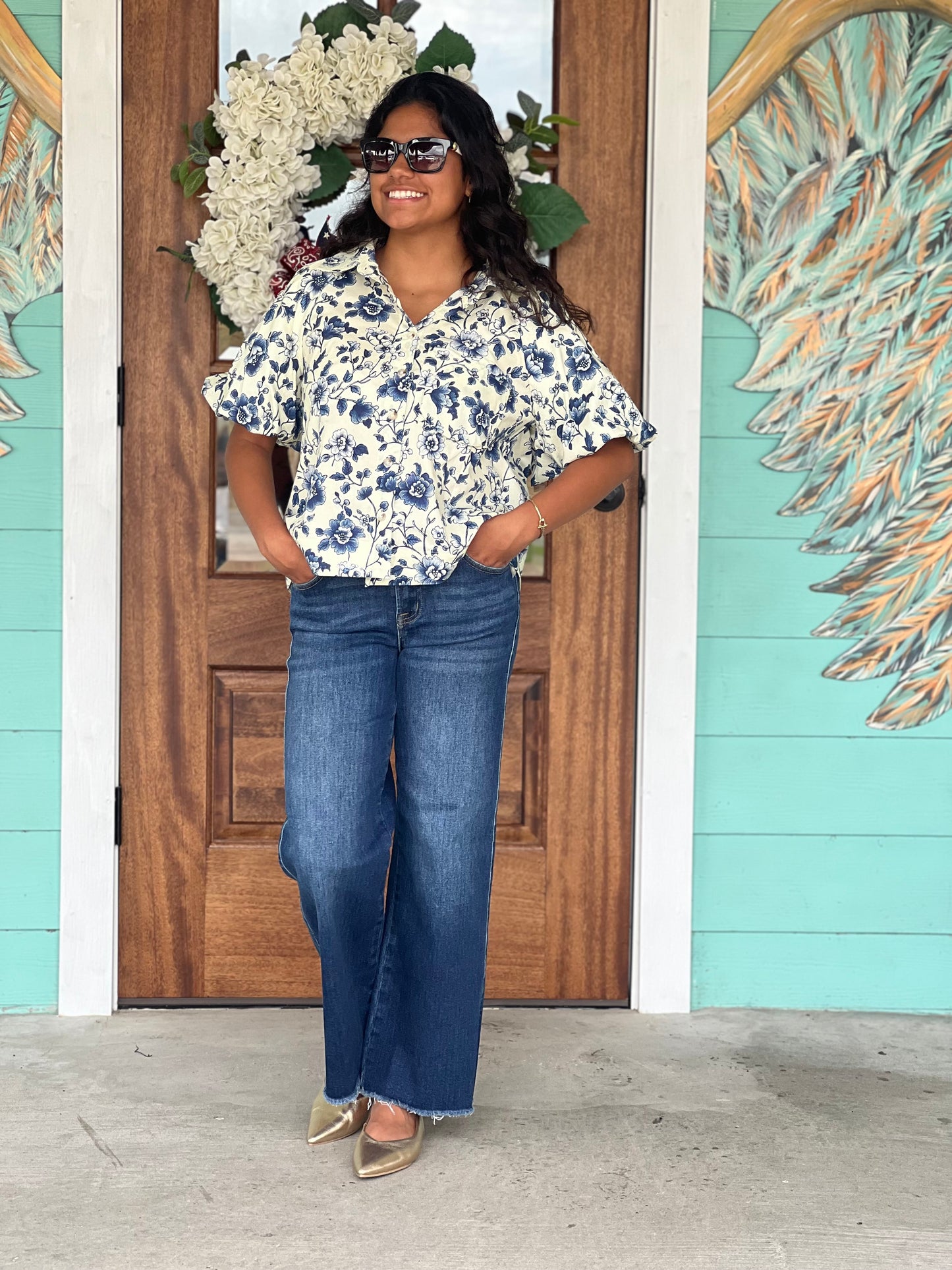 Navy Floral Print Puff Sleeve Top