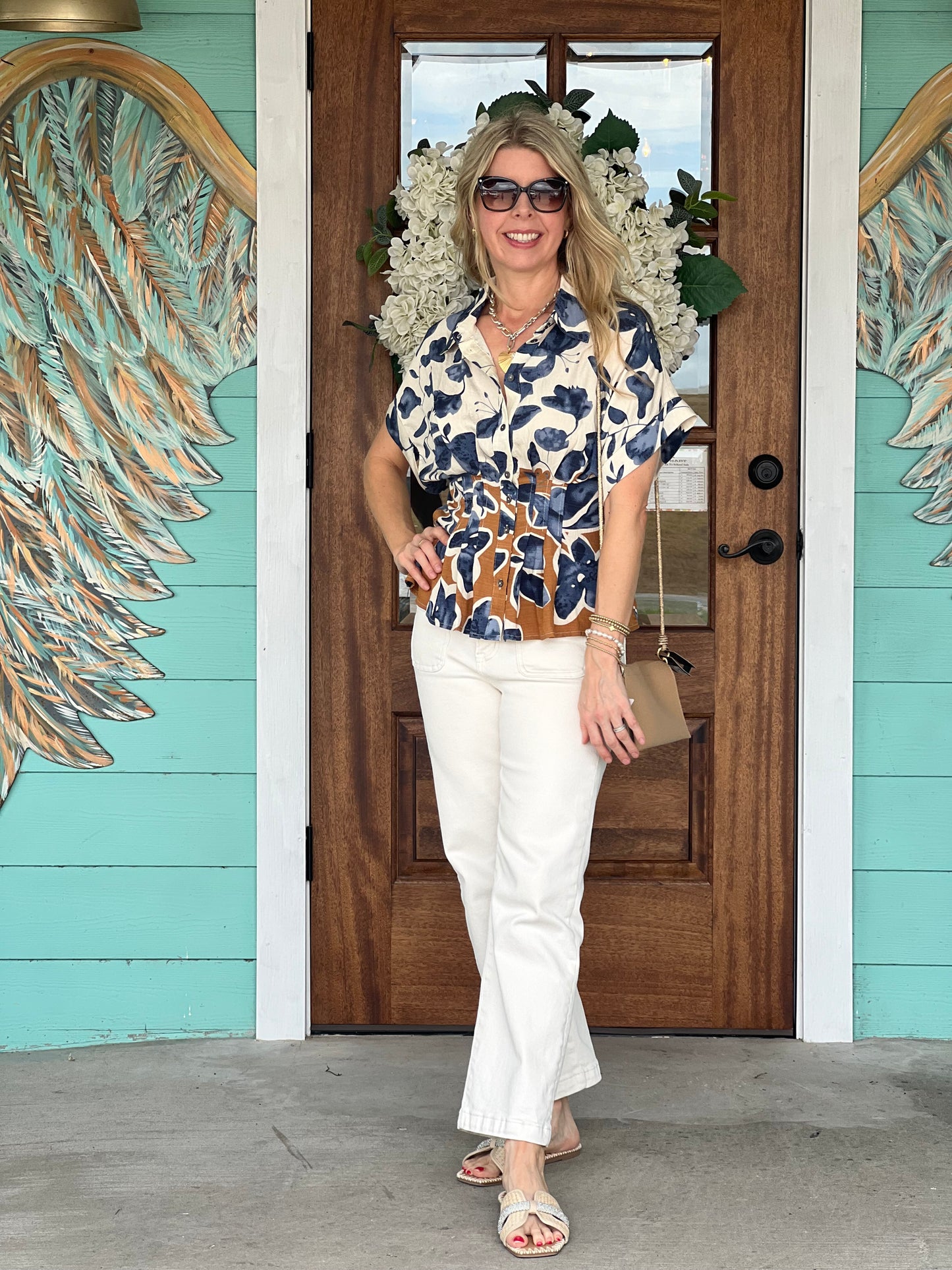 Blue & Camel Floral Pintuck Top