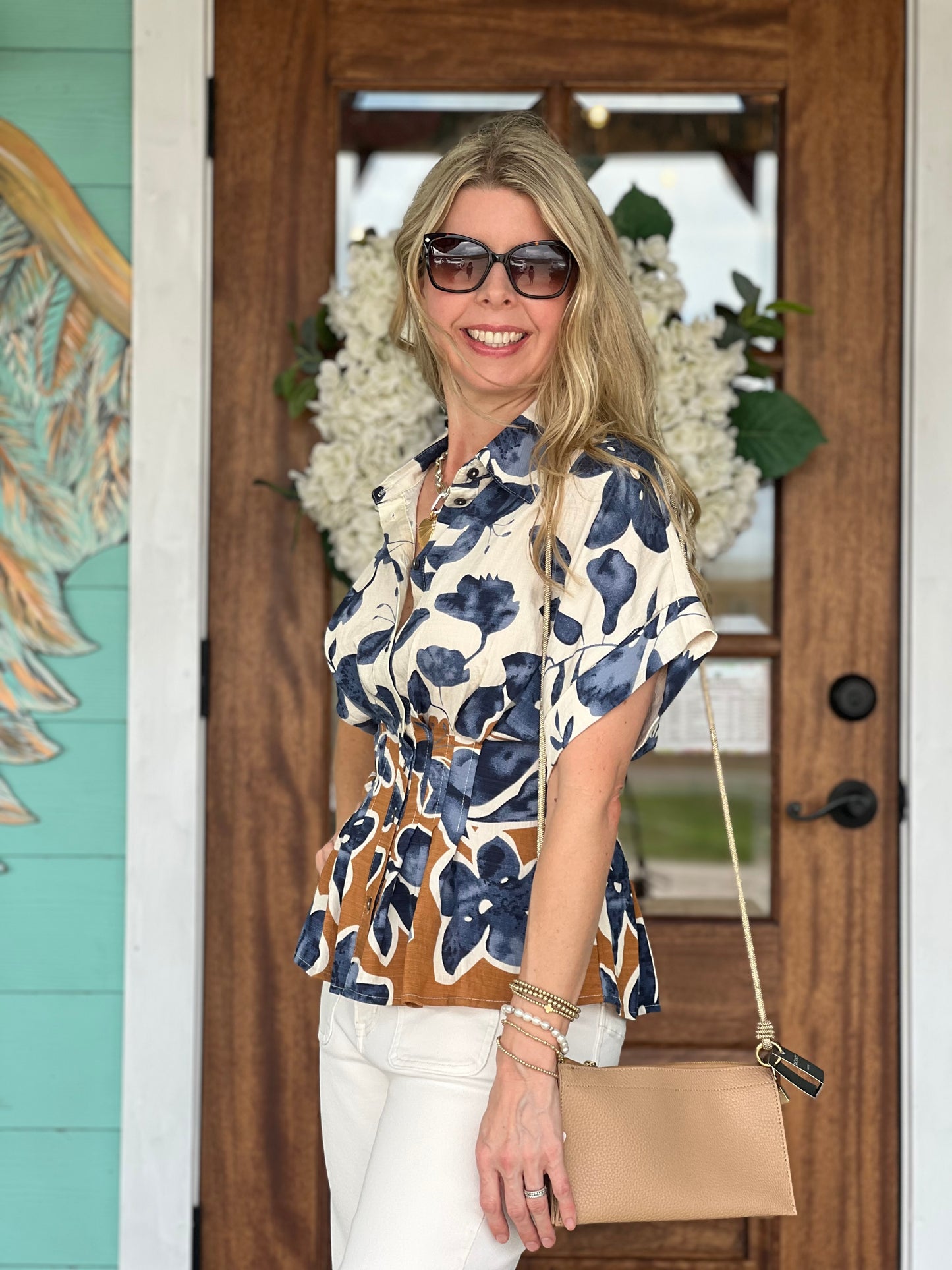 Blue & Camel Floral Pintuck Top
