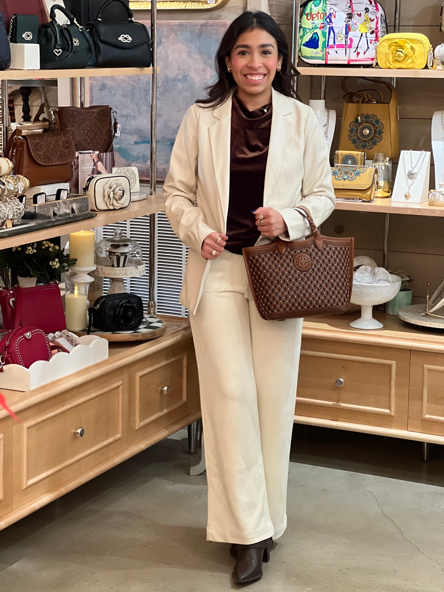 Cream Faux Suede Wide Leg Pant