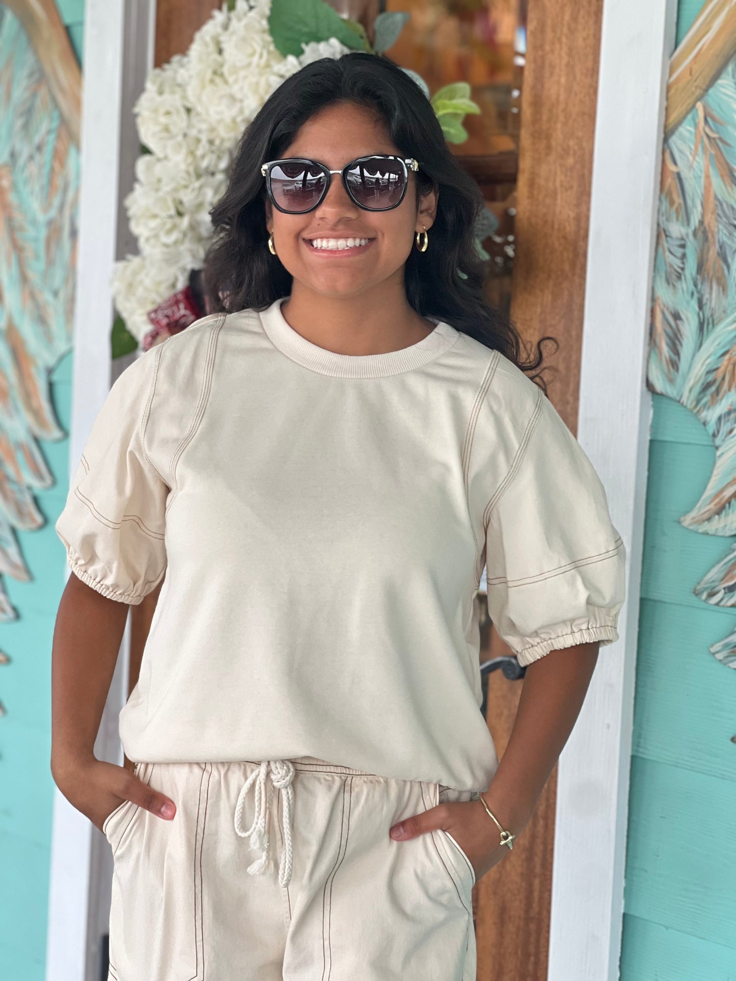 Ecru Contrast Stitch Top