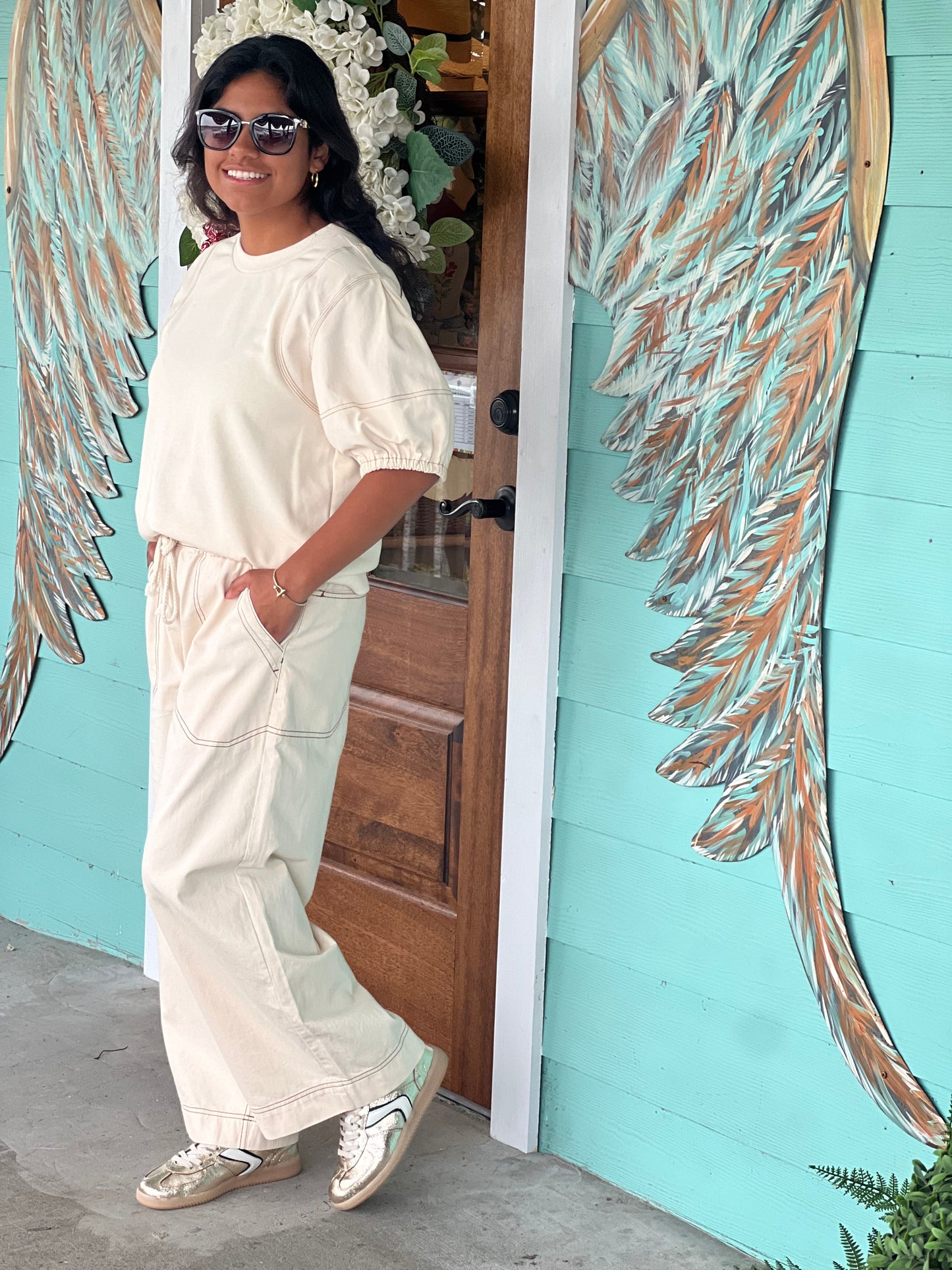 Sand Top Stitch Wide Leg Pants