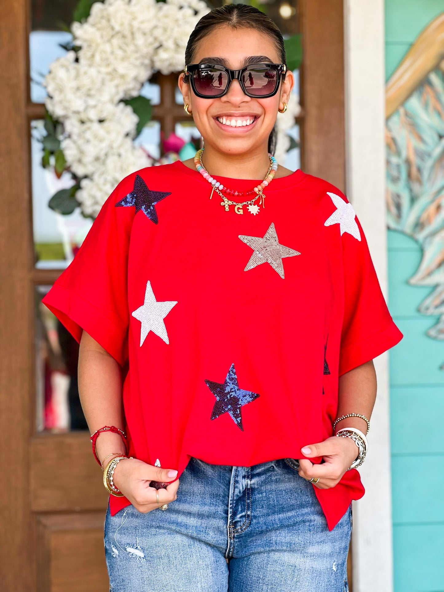 Red Sequin Multi Star Tee