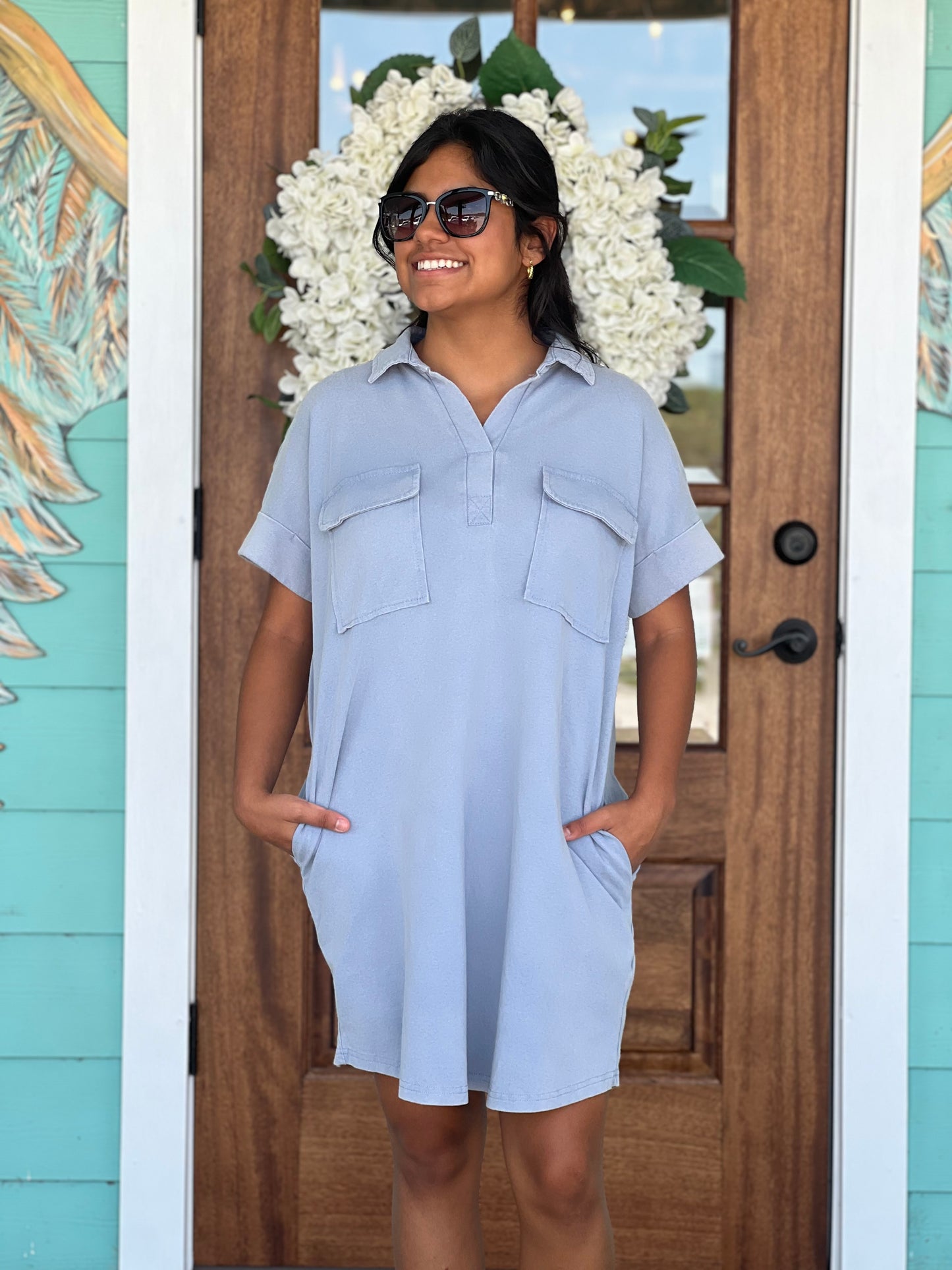Dusty Blue Knit Collar Dress