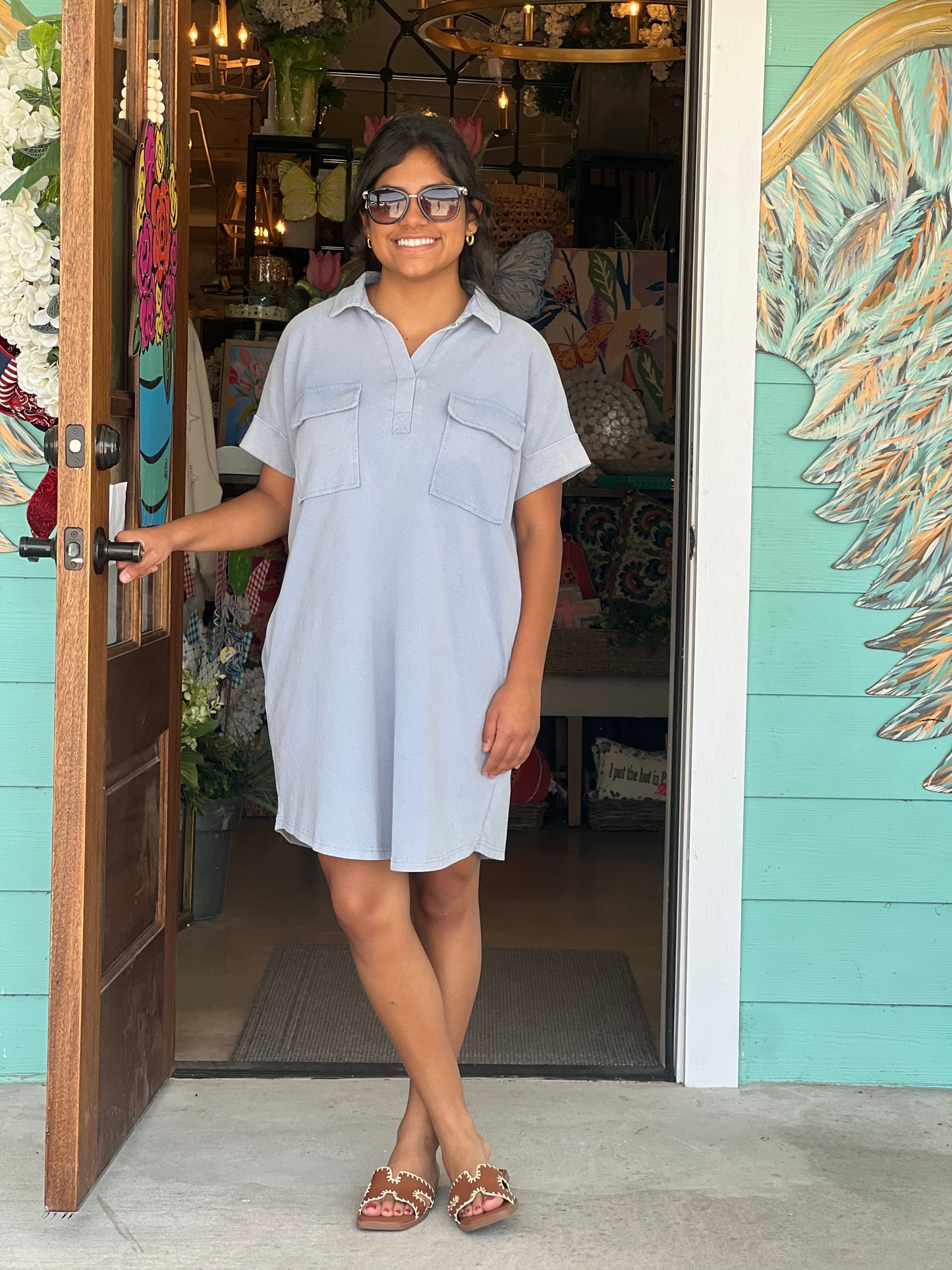 Dusty Blue Knit Collar Dress