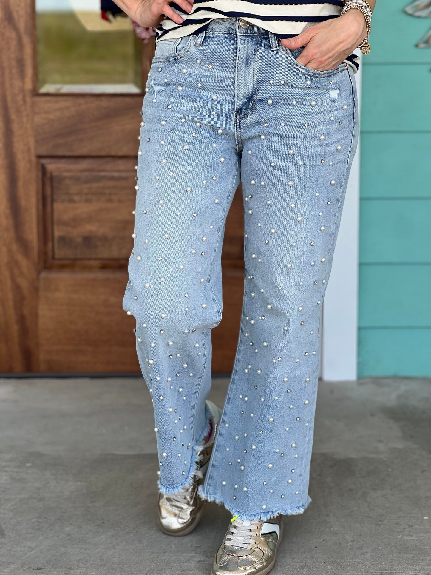 Mica Rhinestone Pearl Wide Leg Denim