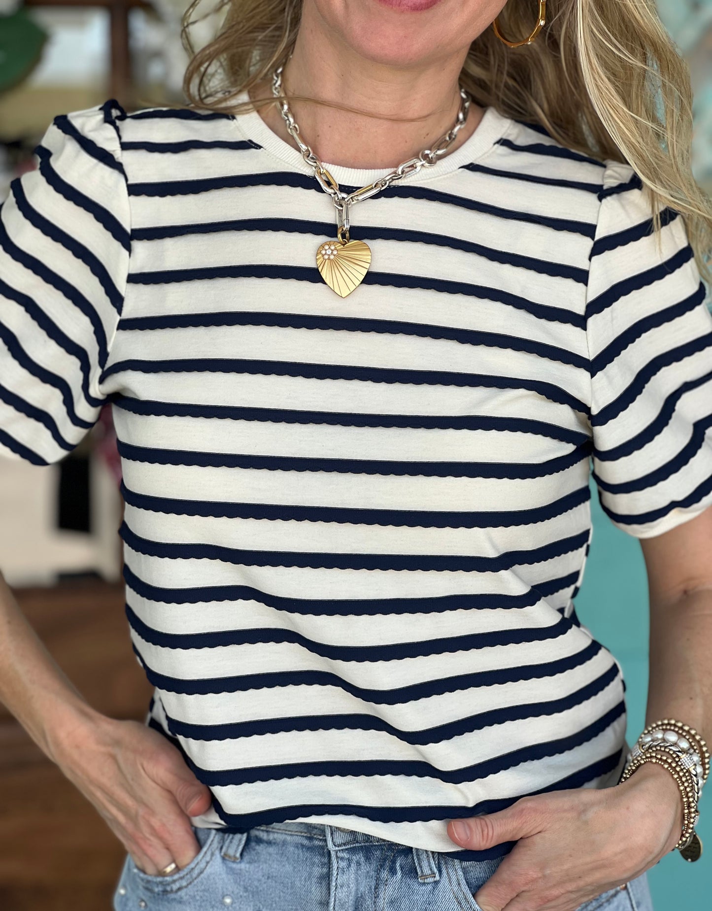 Navy Scallop Striped Top