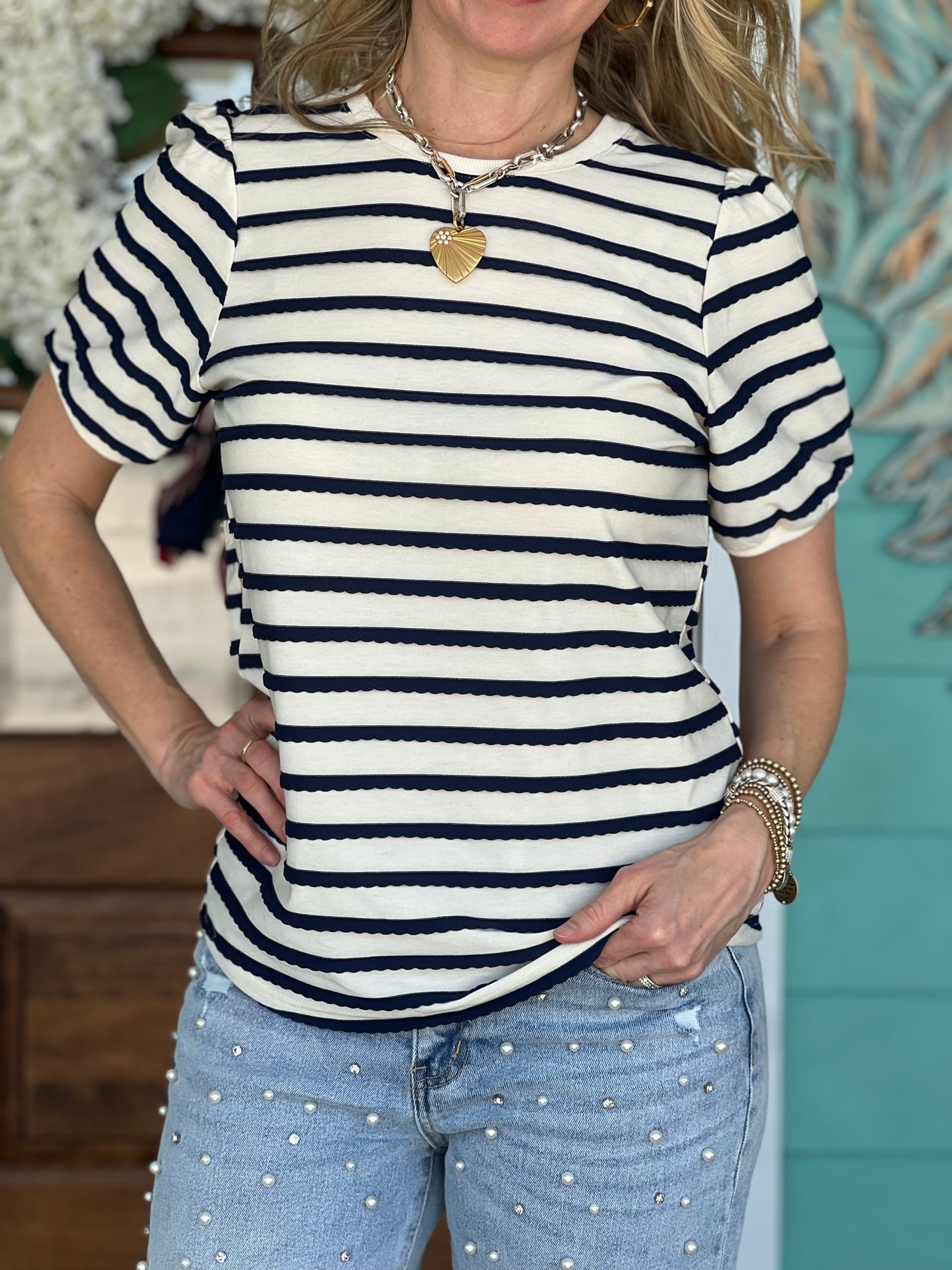 Navy Scallop Striped Top