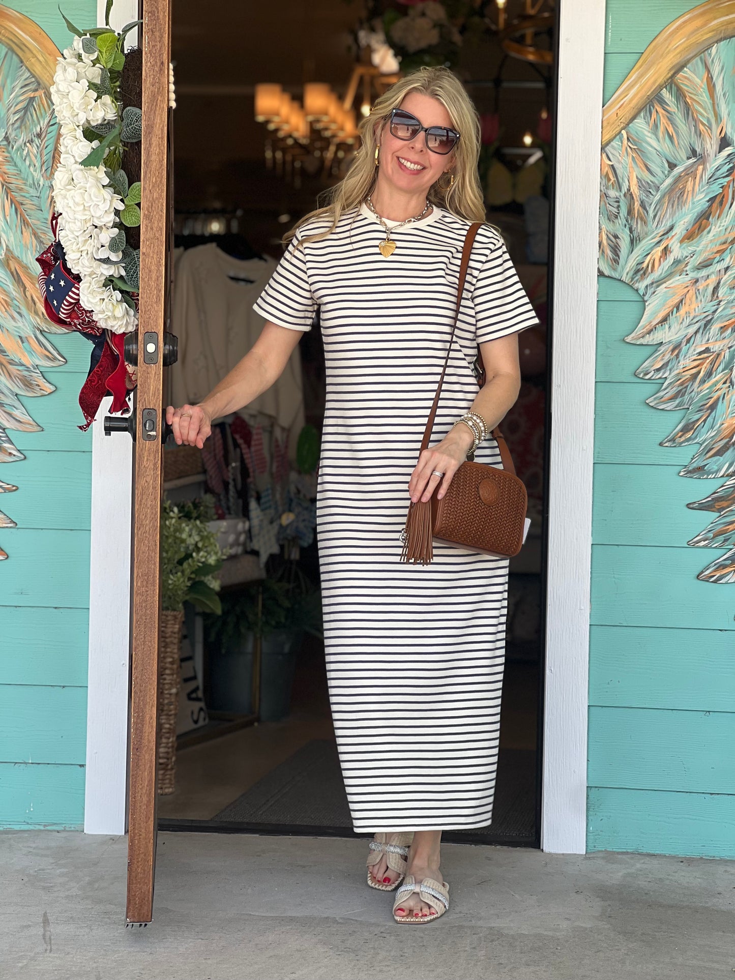 Navy Stripe Knit Midi Dress