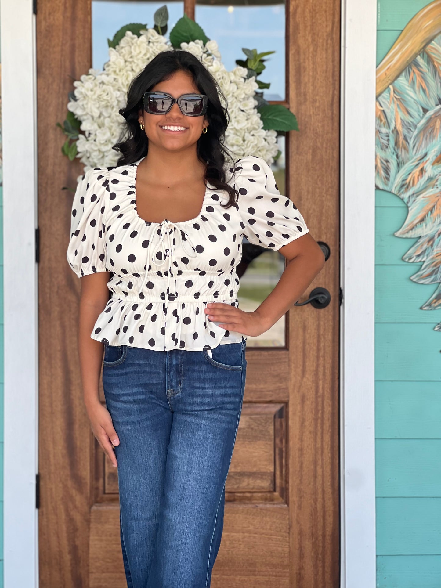 White & Black Polka Dot Peplum Top