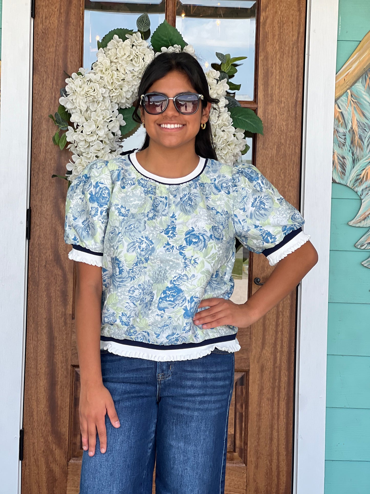 Blue Floral Jacquard Trim Detail Top