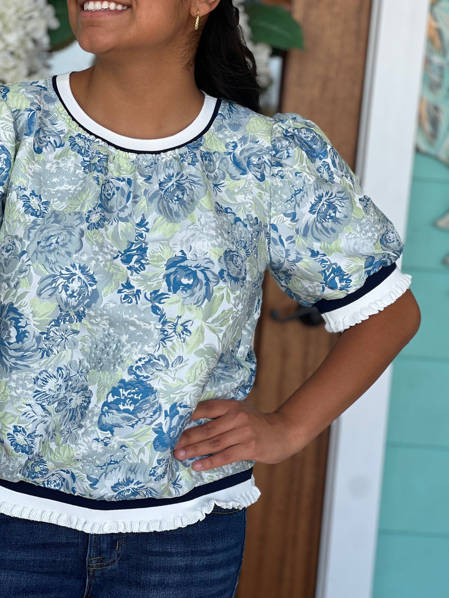 Blue Floral Jacquard Trim Detail Top