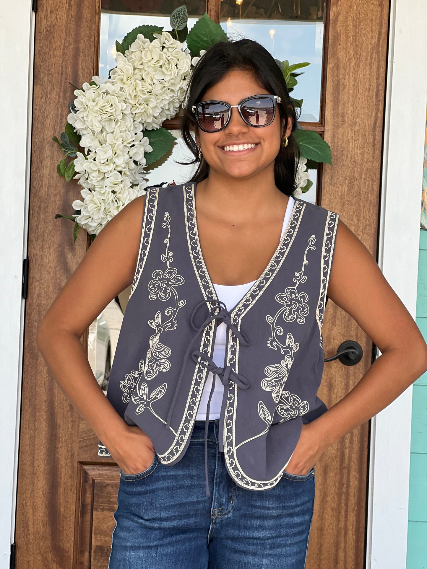 Dusty Navy Embroidered Tie Vest