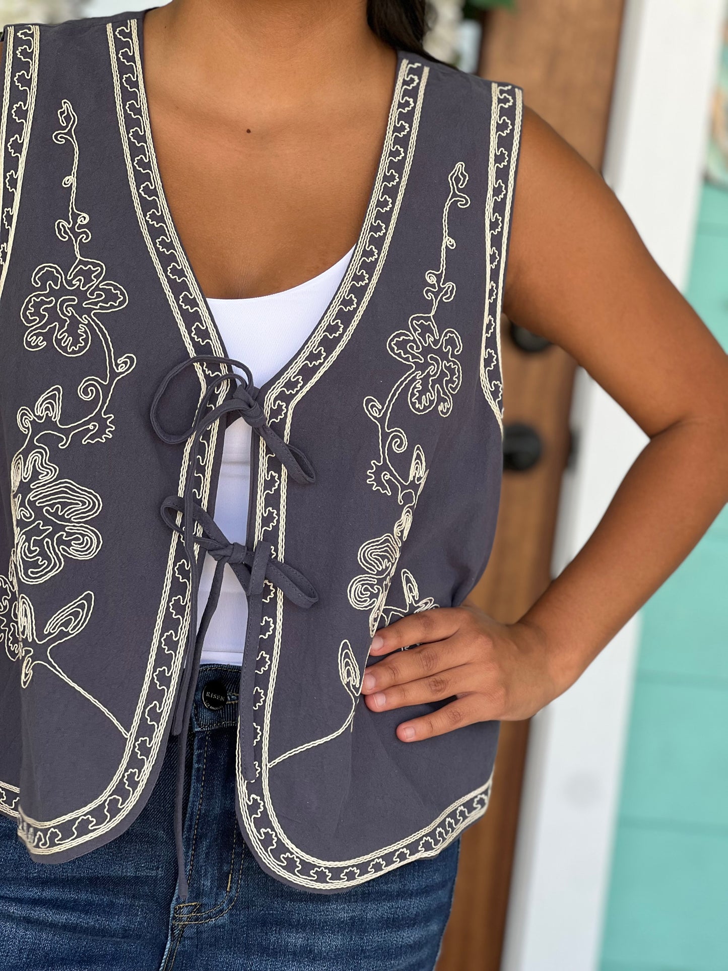 Dusty Navy Embroidered Tie Vest