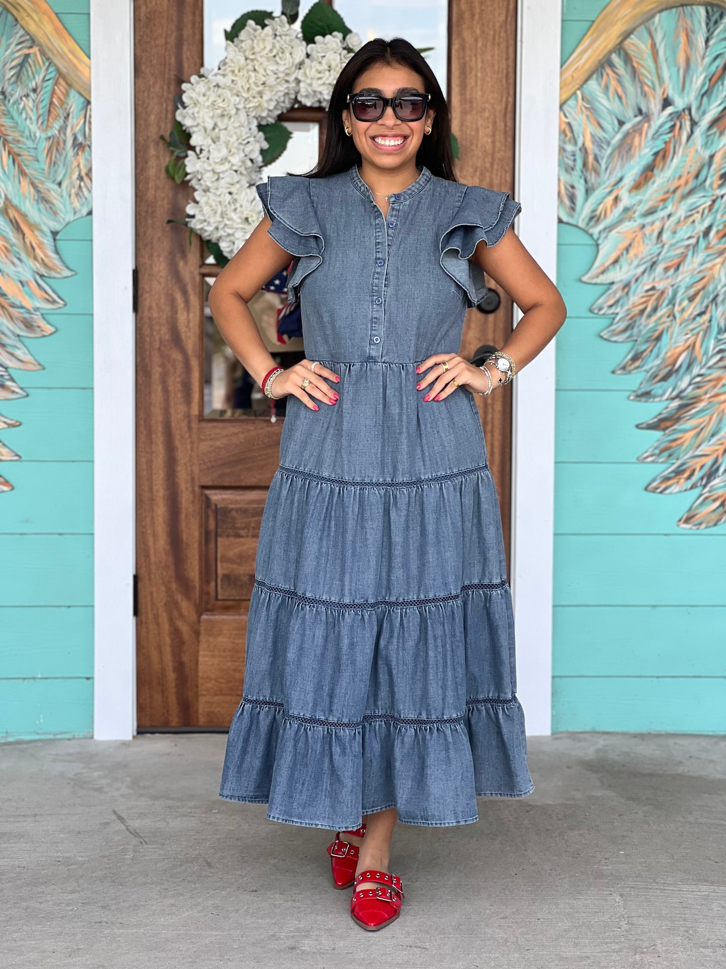 Denim Tiered Midi Dress
