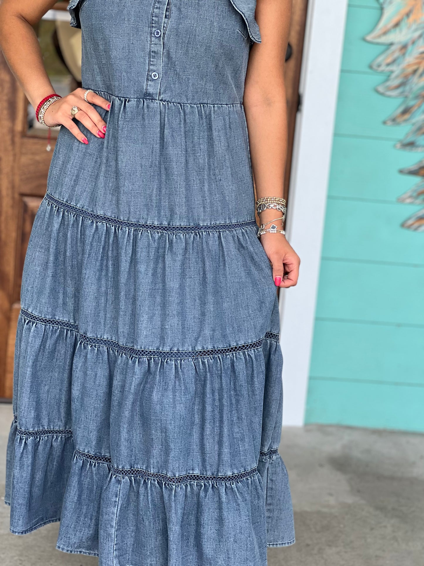 Denim Tiered Midi Dress