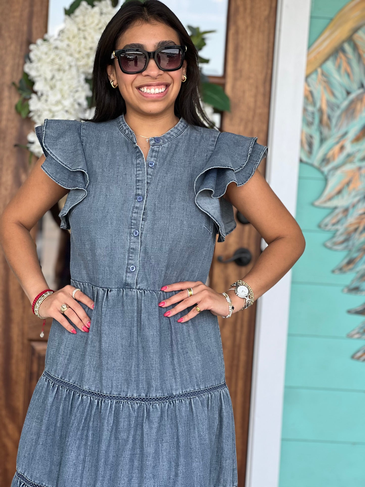Denim Tiered Midi Dress