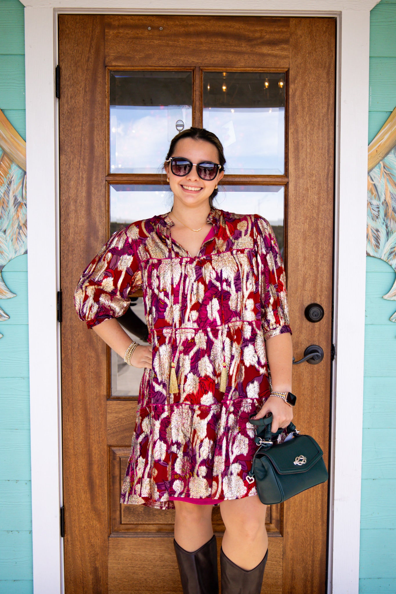 Wine Metallic Floral Print Dress