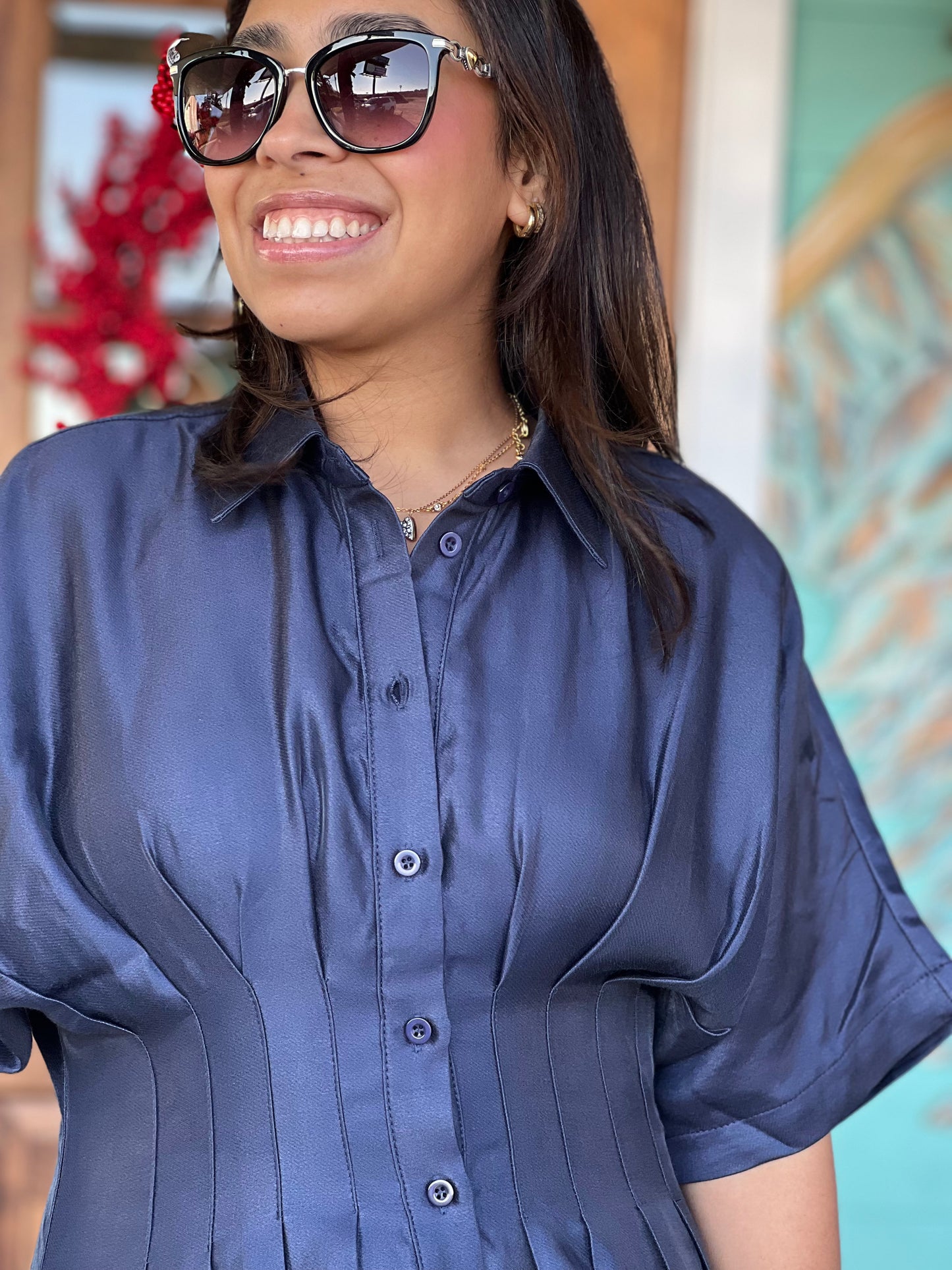 Navy Pleated Waist Mini Dress