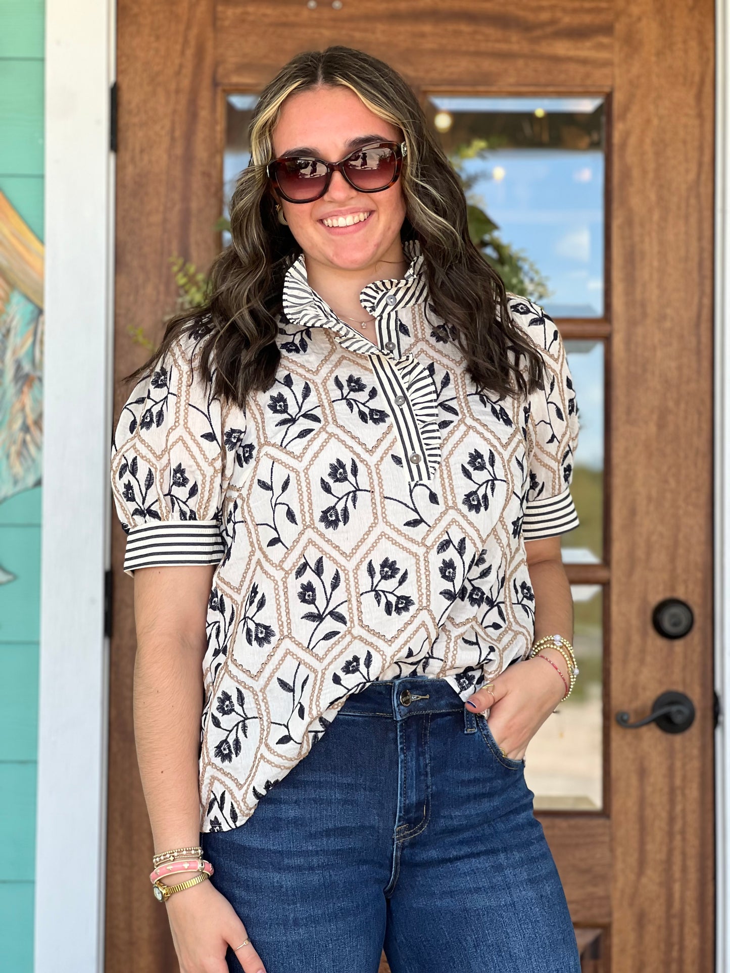 Cream & Black Embroidered Puff Sleeve Top