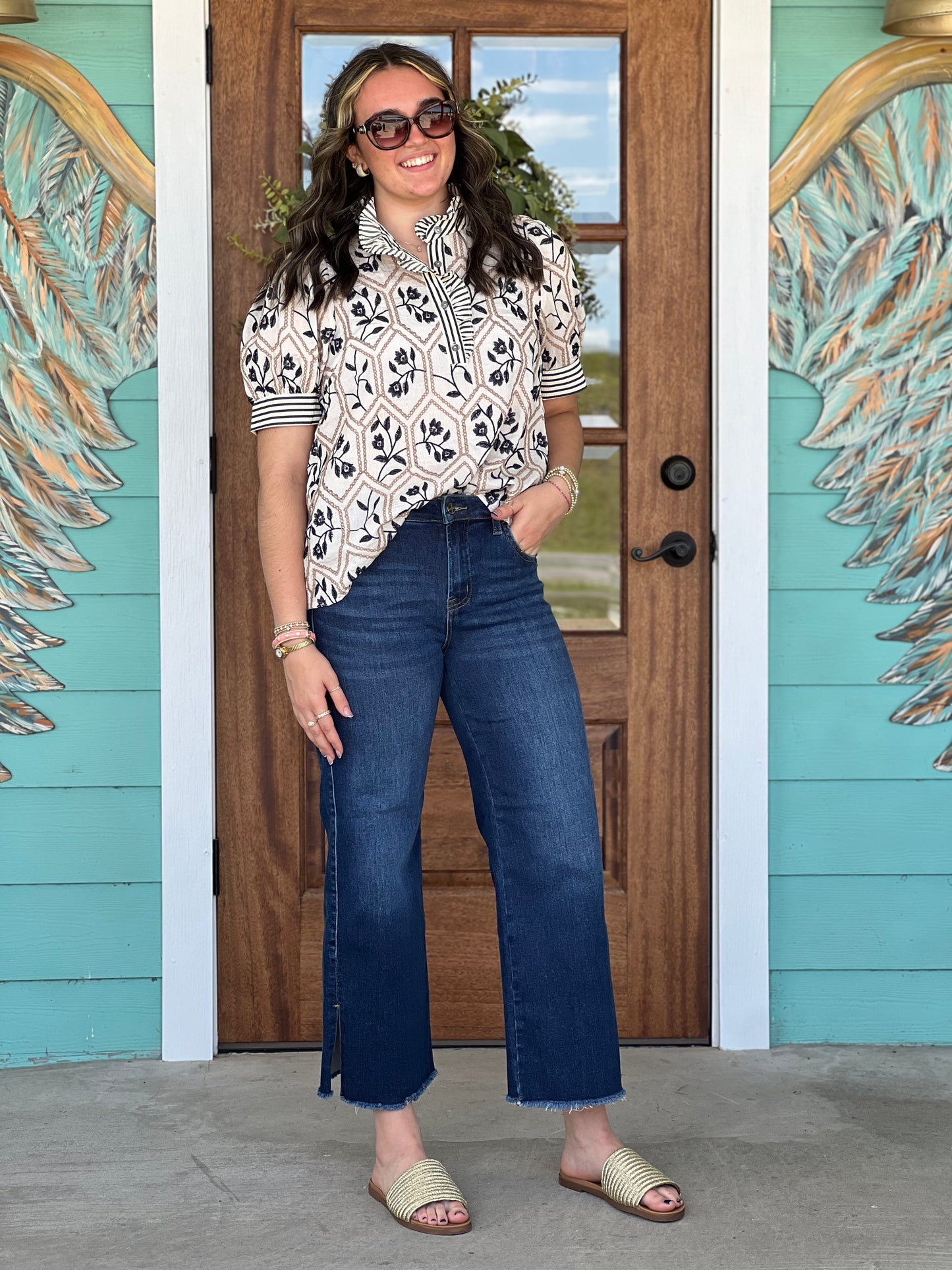 Cream & Black Embroidered Puff Sleeve Top