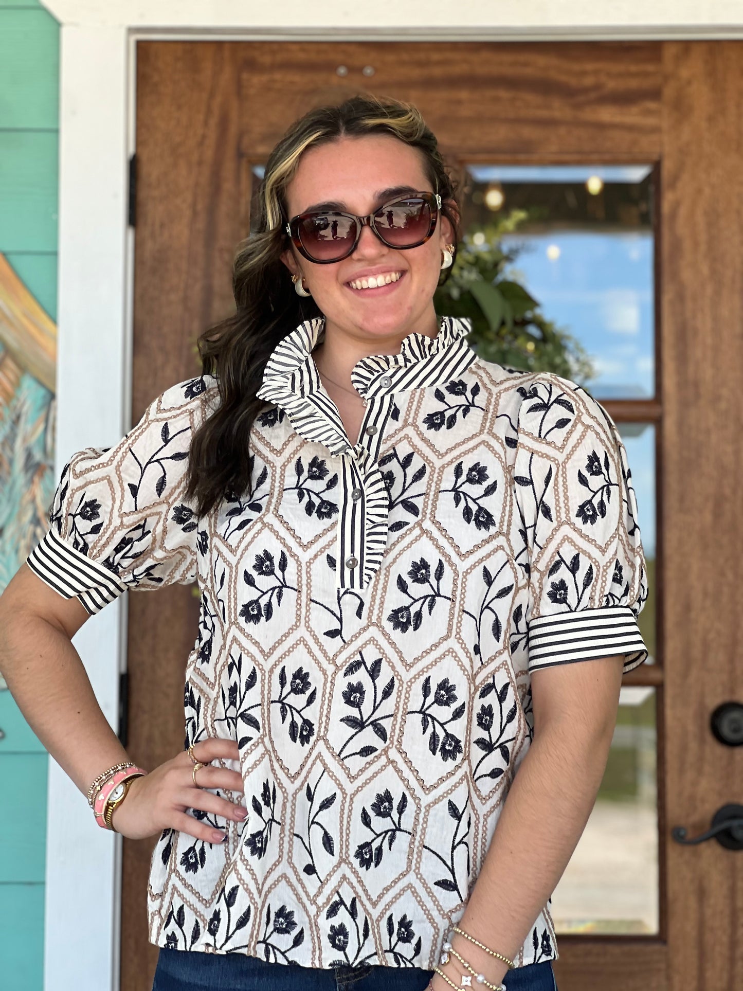 Cream & Black Embroidered Puff Sleeve Top