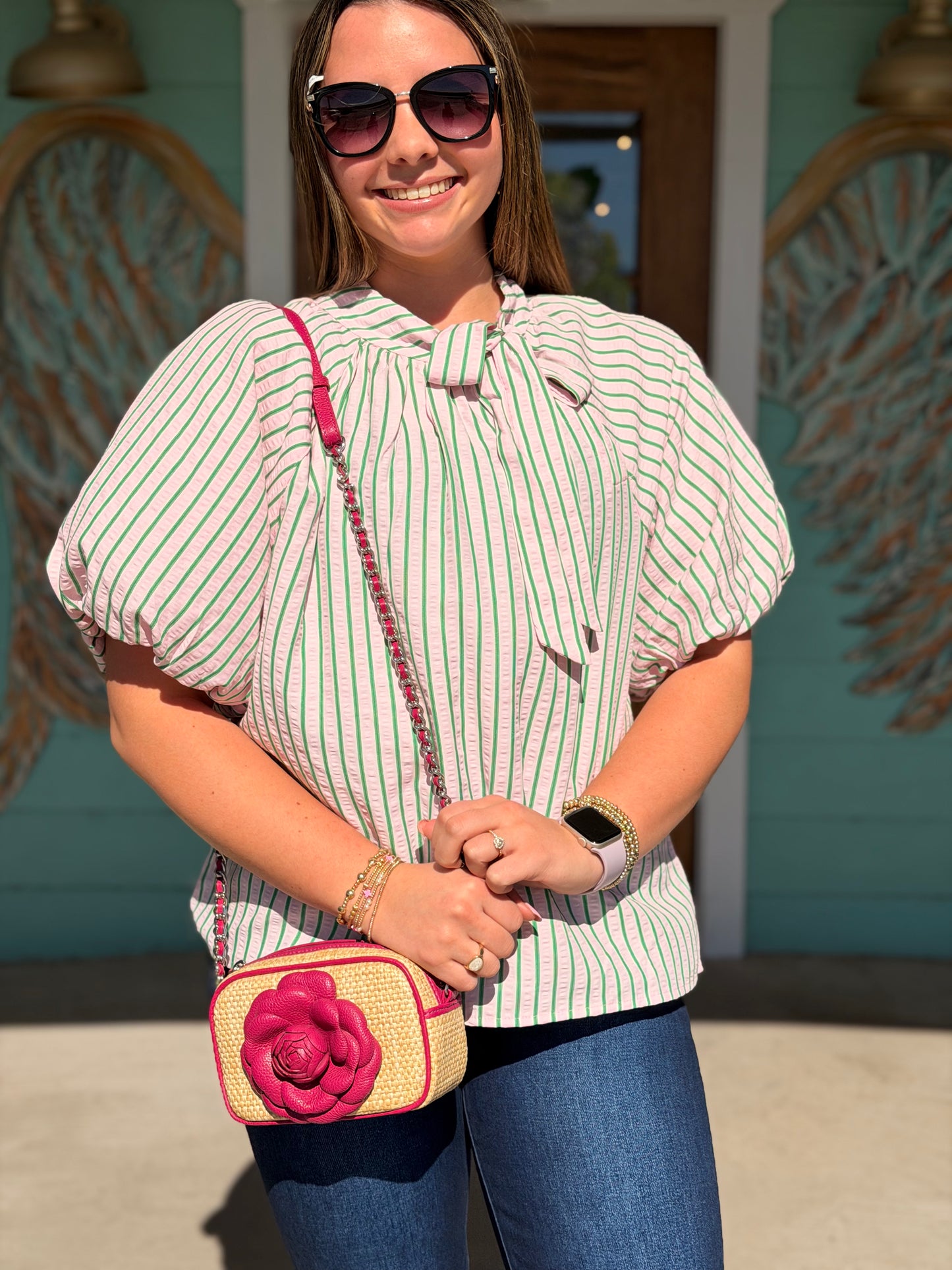 THML Pink & Creen Stripe Puff Sleeve Top