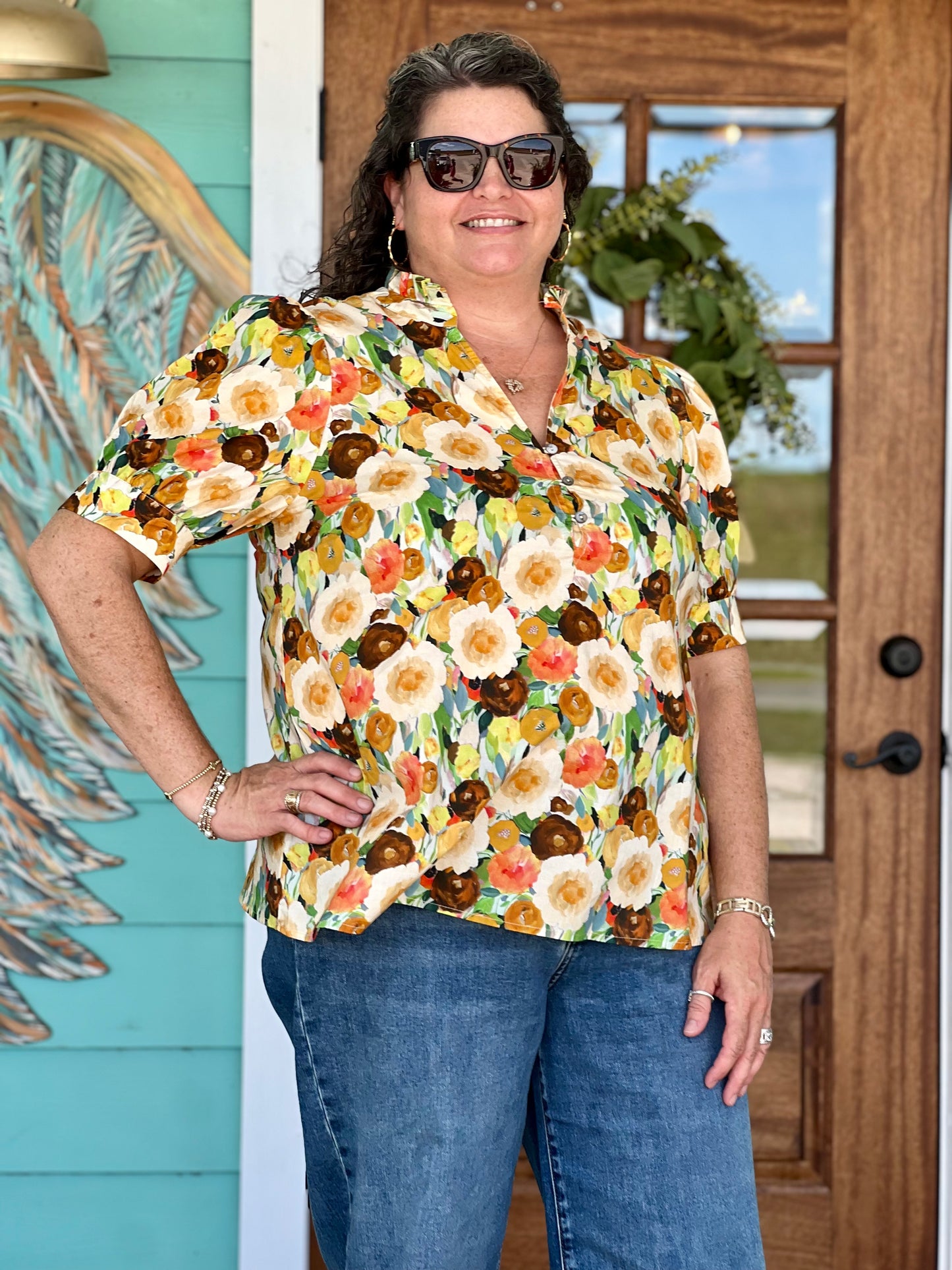 Camel Floral Print Puff Sleeve Top