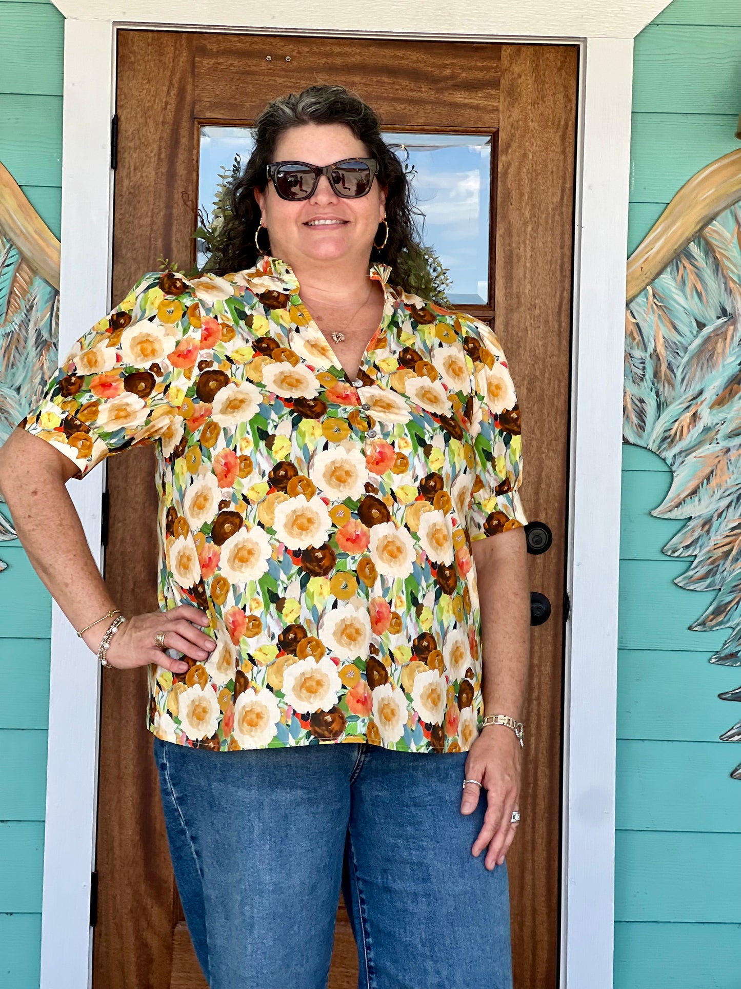 Camel Floral Print Puff Sleeve Top