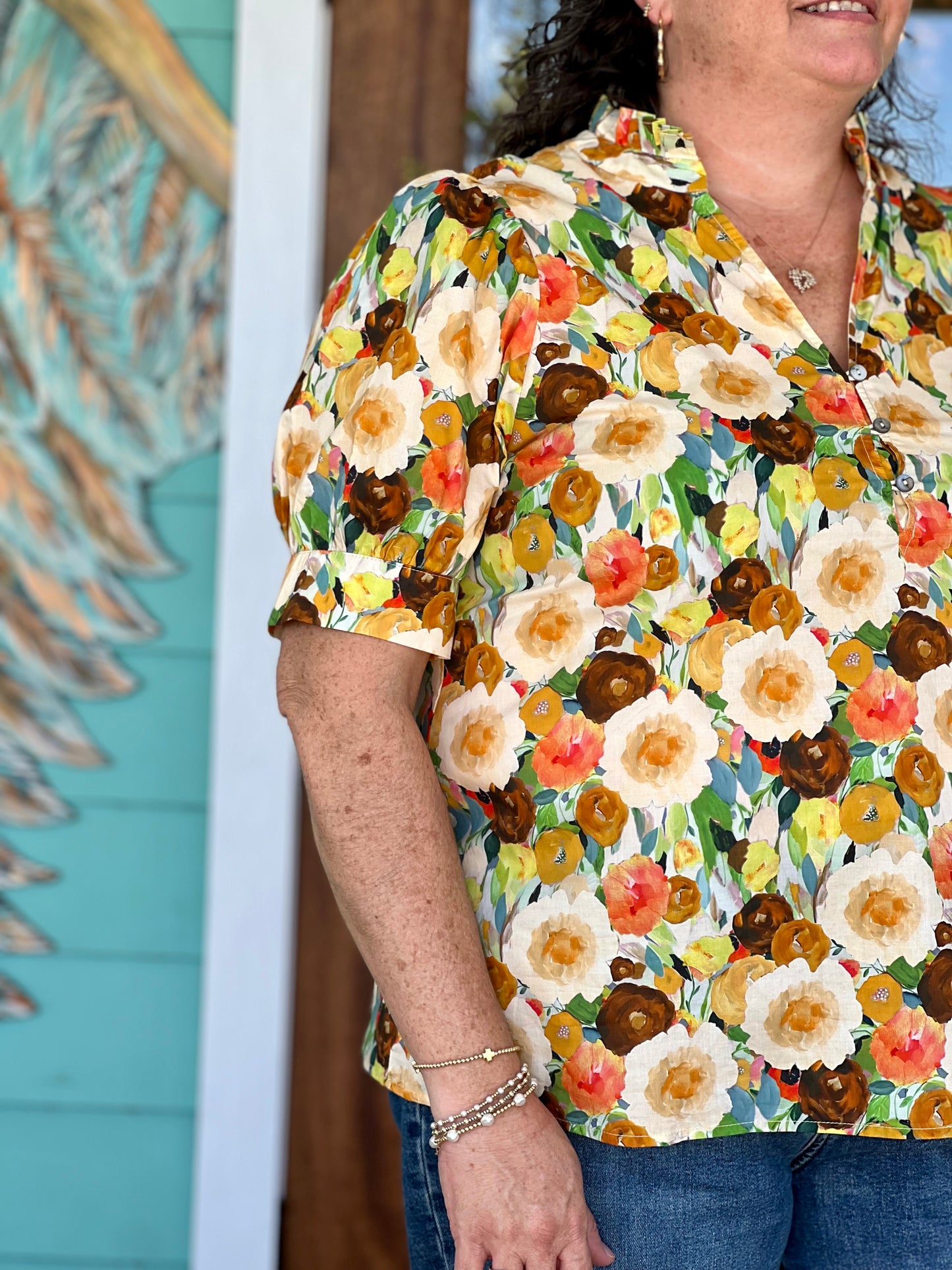 Camel Floral Print Puff Sleeve Top