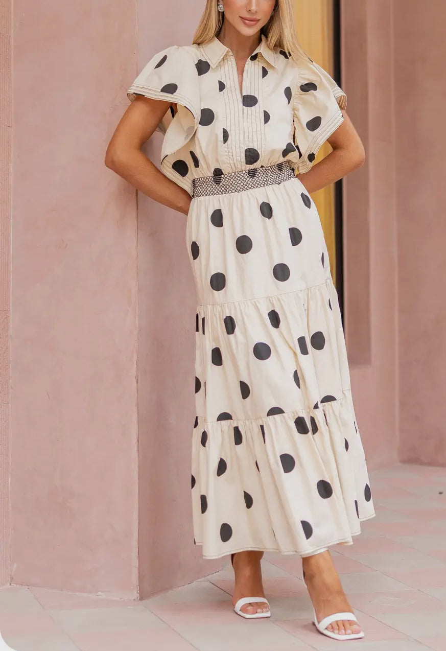 Cream & Black Polka Dot Midi Dress