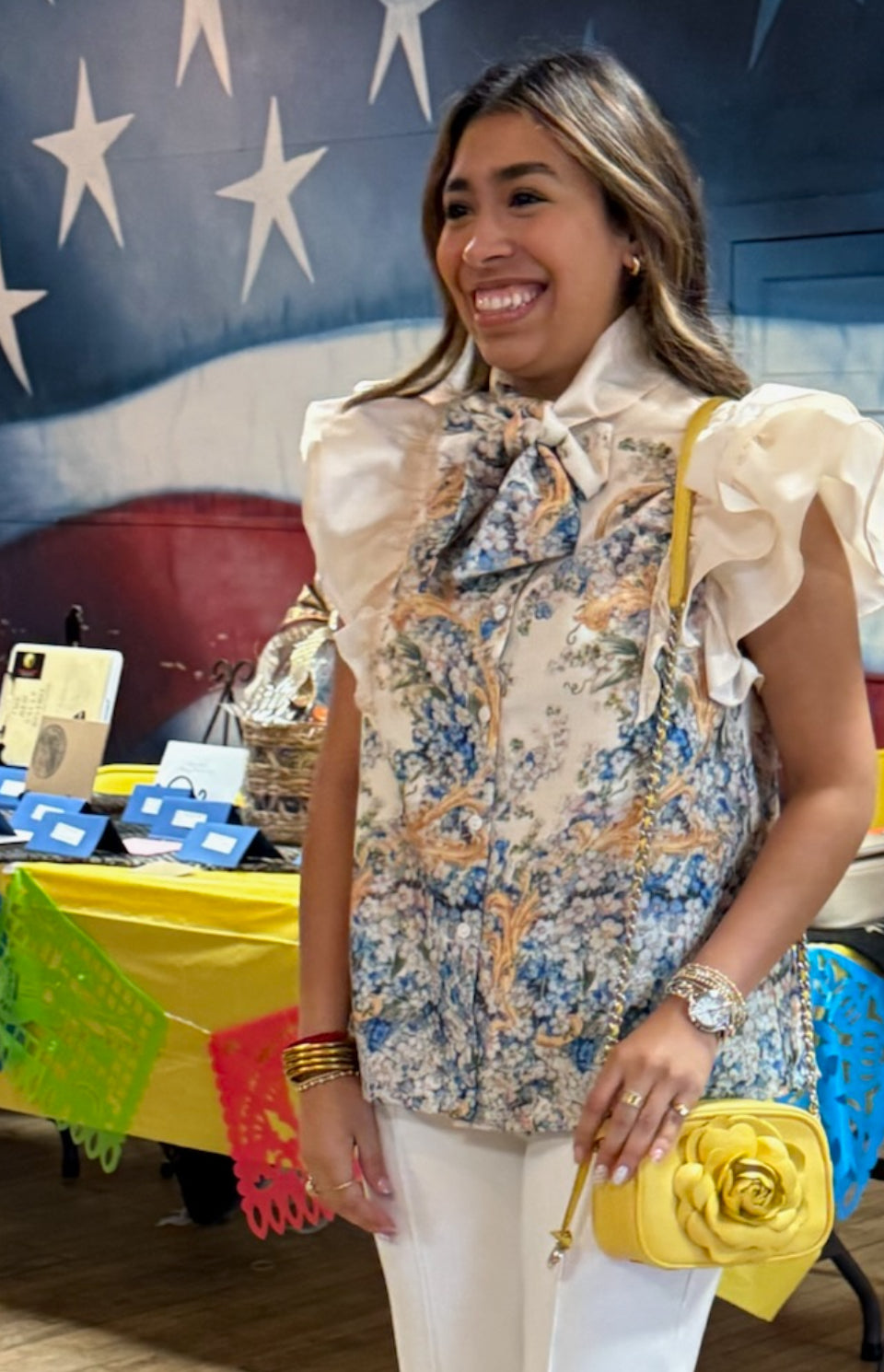 Natural Blue Floral Tie Neck Blouse
