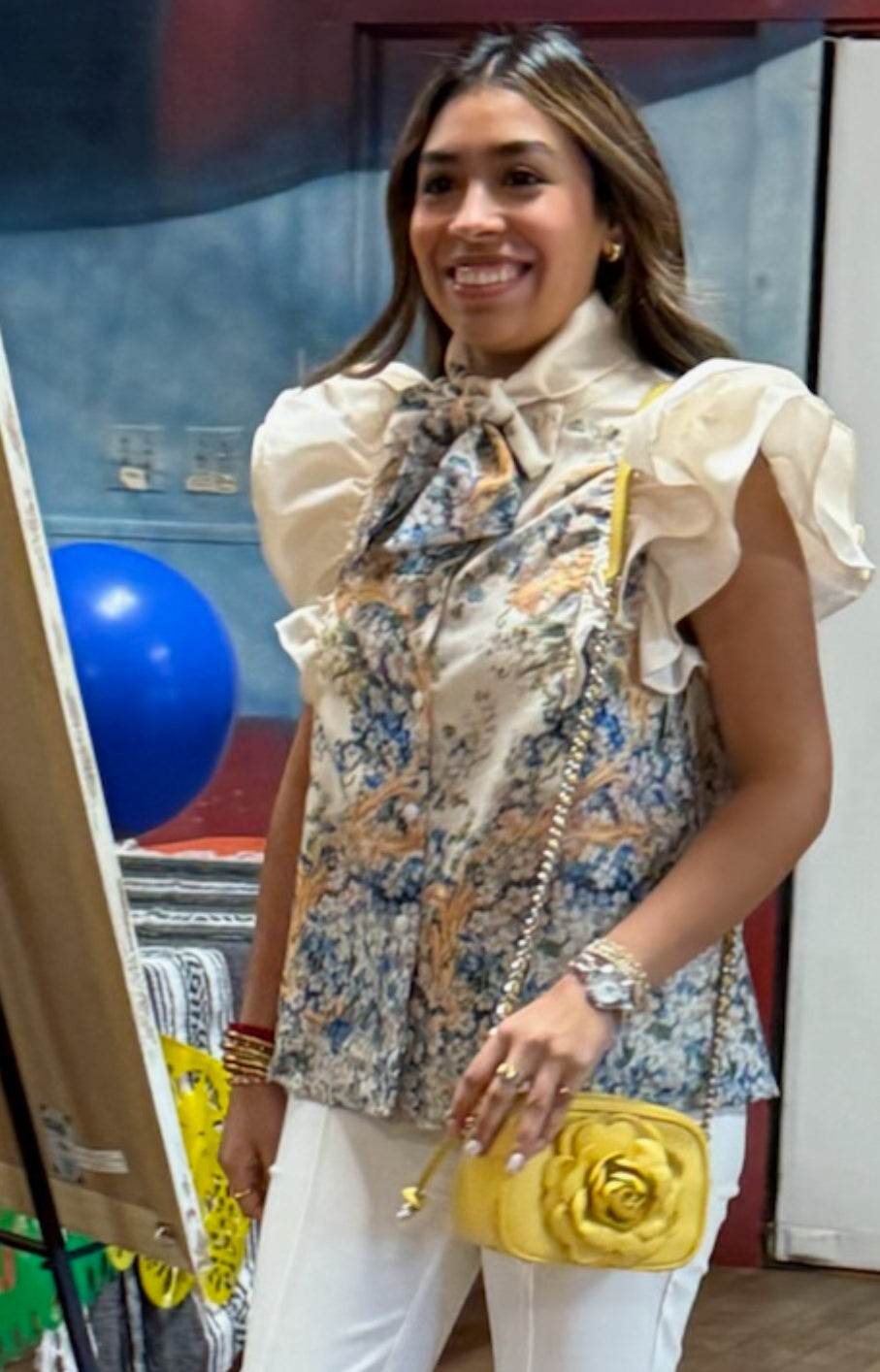 Natural Blue Floral Tie Neck Blouse
