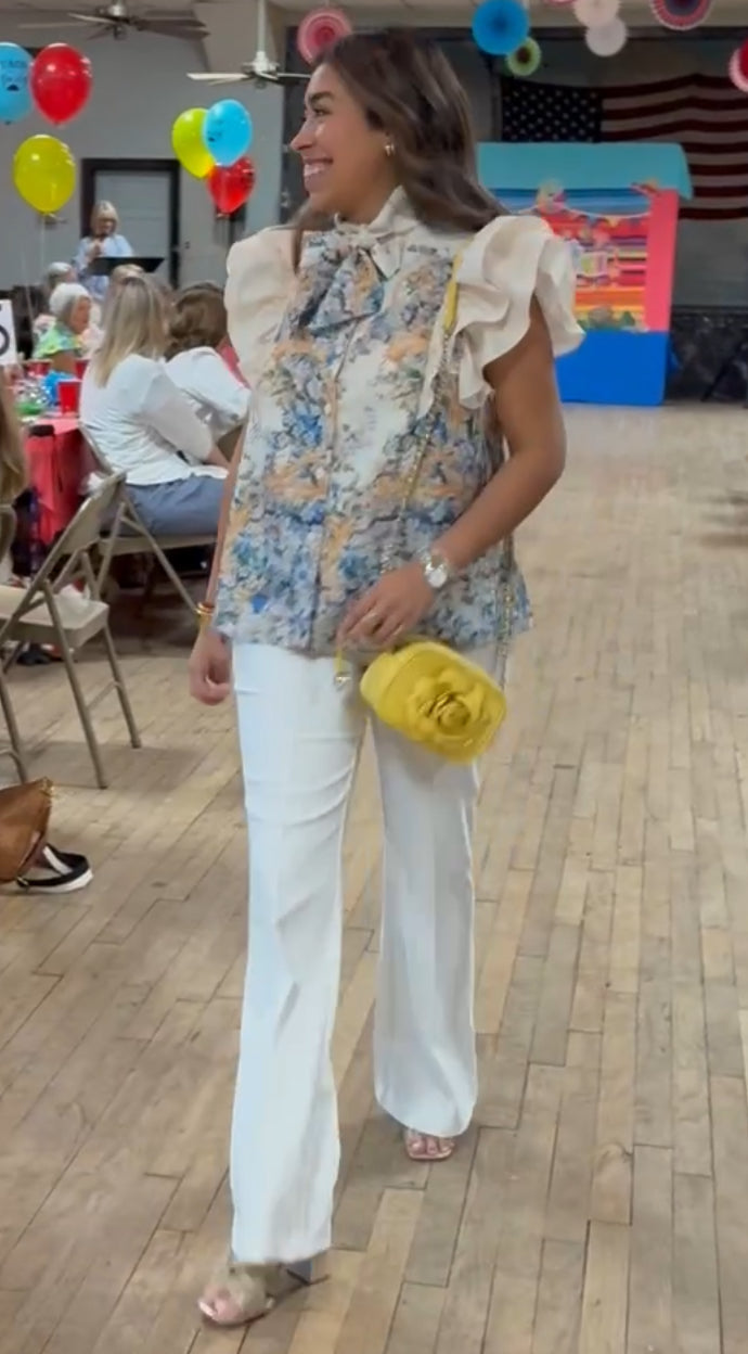 Natural Blue Floral Tie Neck Blouse