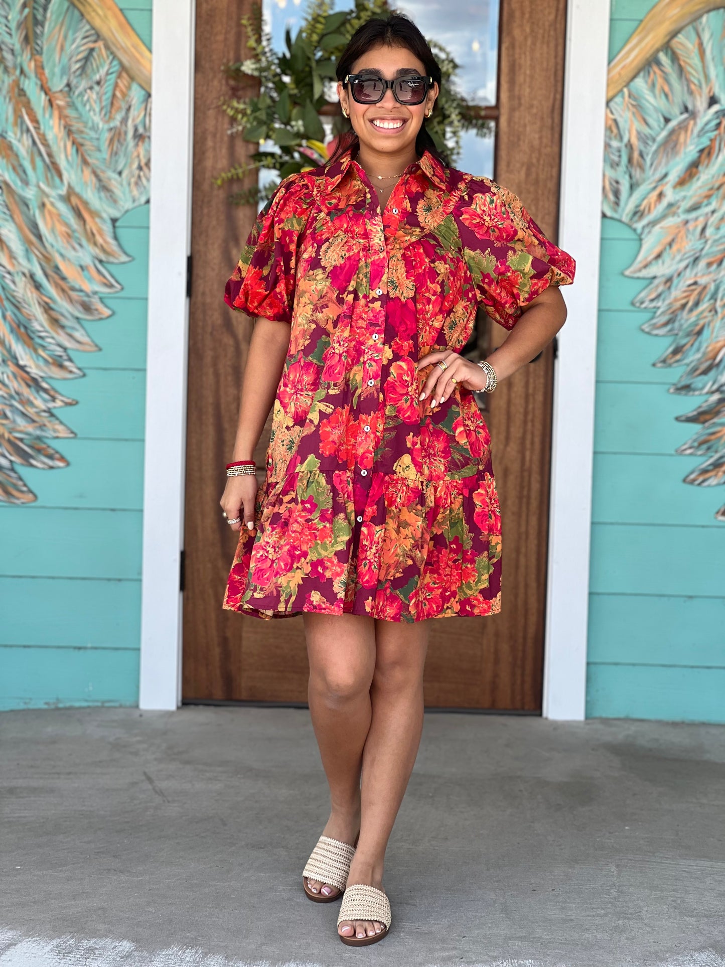 Wine Orange Burst Floral Dress