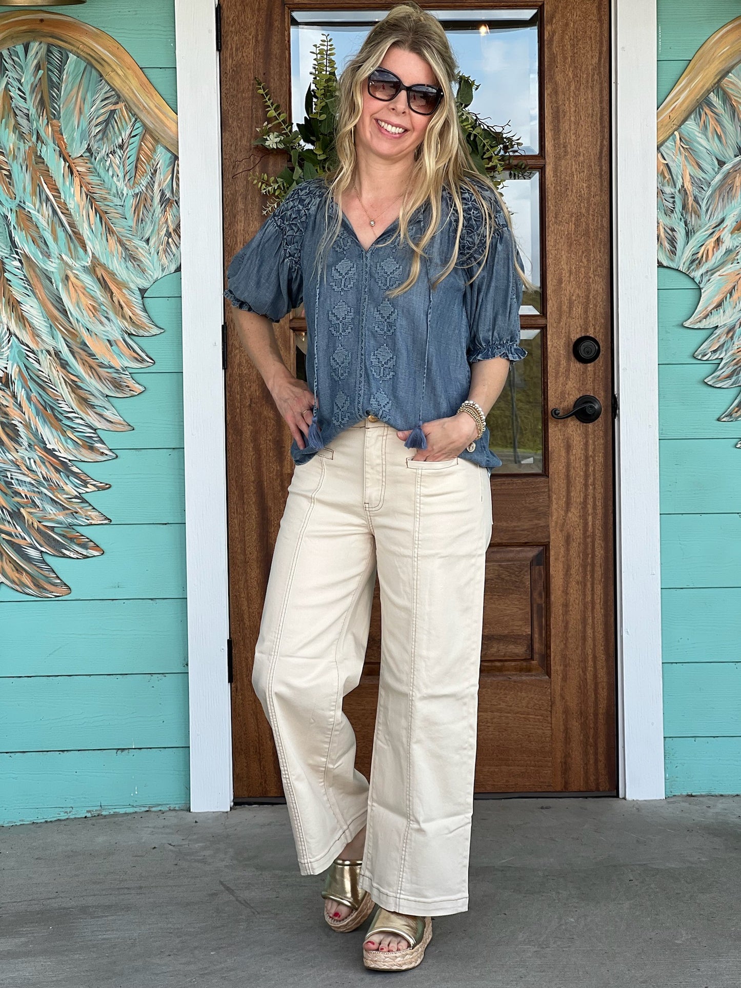 Ivy Jane Denim Smocked Emroidered Top