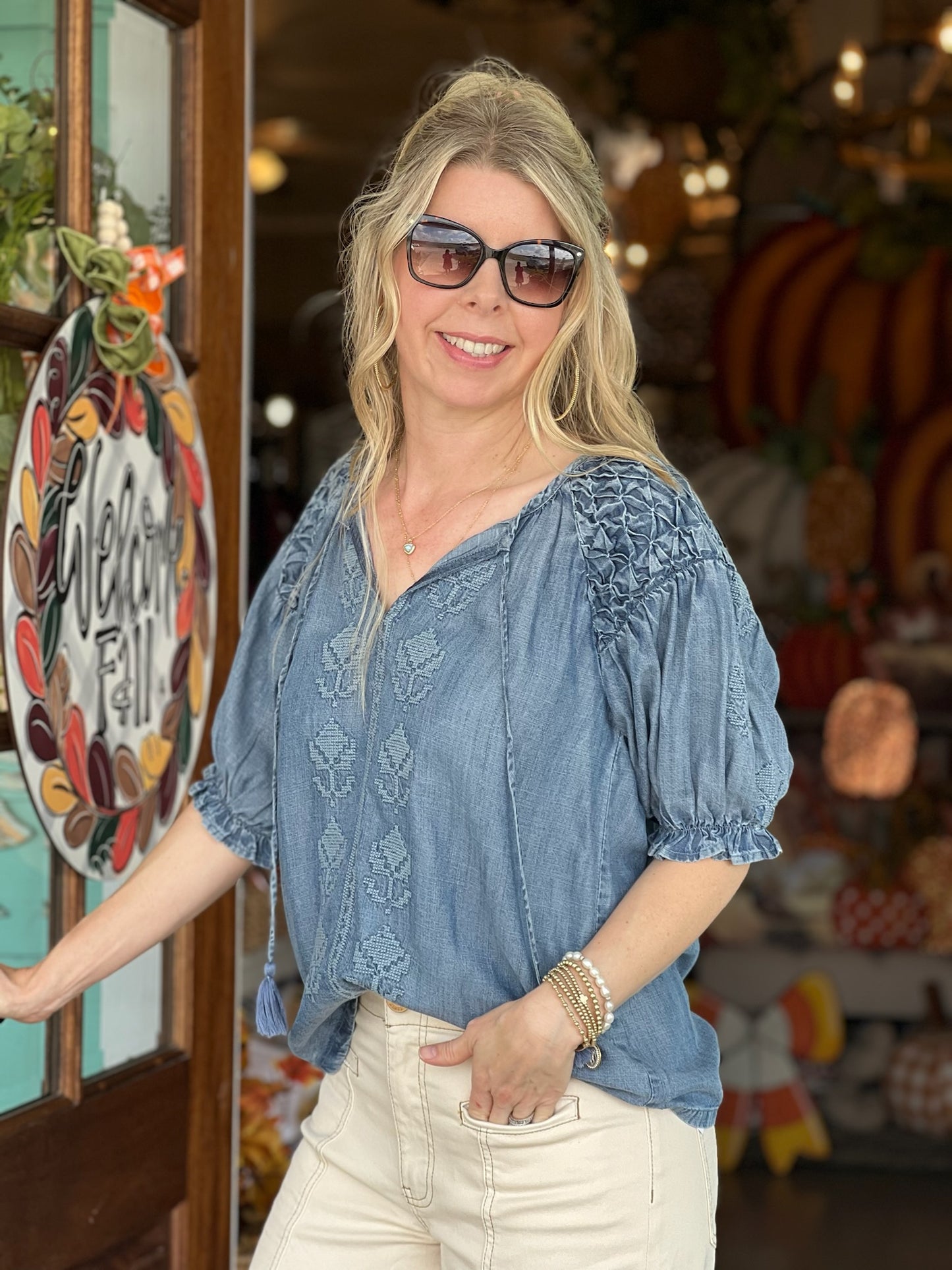 Ivy Jane Denim Smocked Emroidered Top