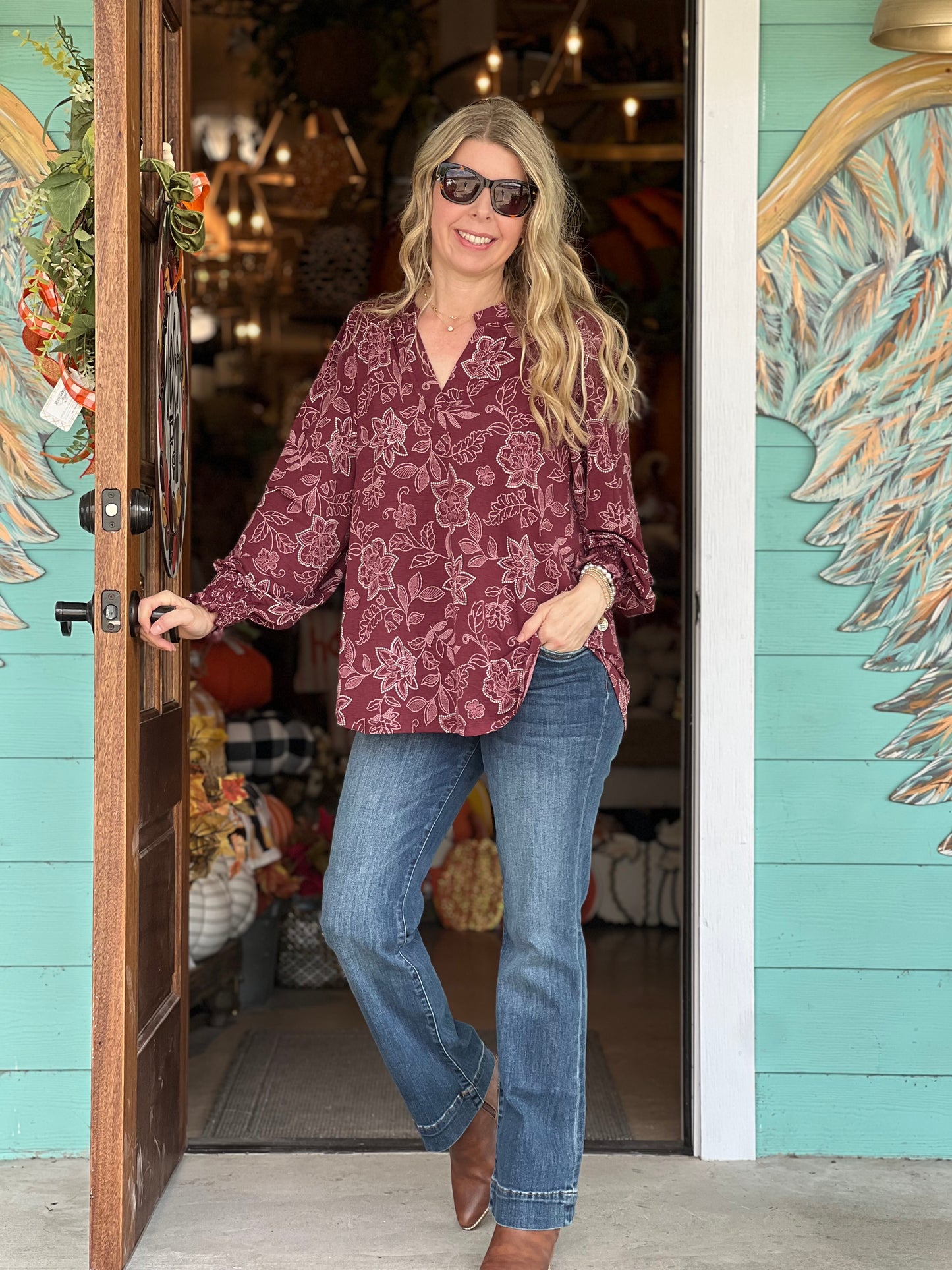 LizSmock Sleeve Maroon Pattern Top