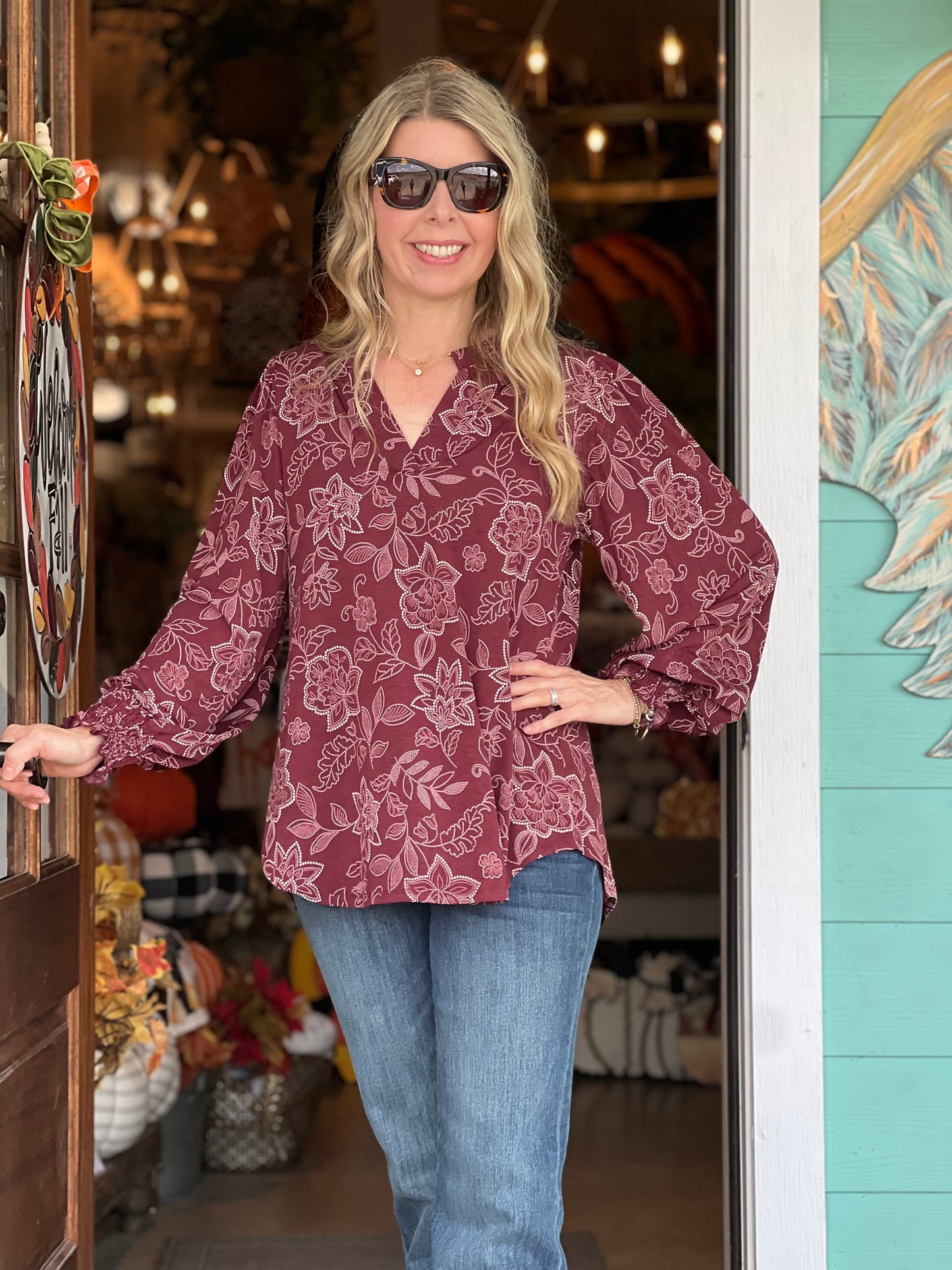 LizSmock Sleeve Maroon Pattern Top
