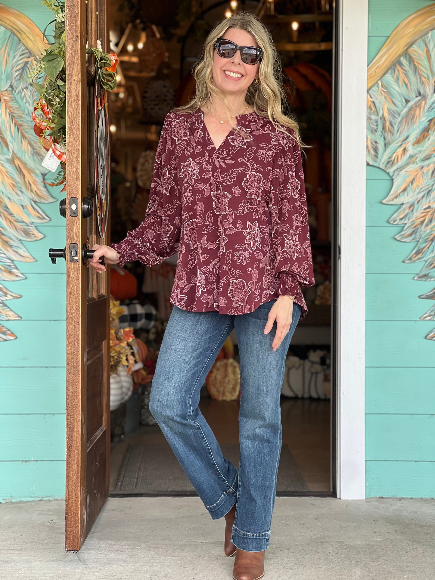 LizSmock Sleeve Maroon Pattern Top