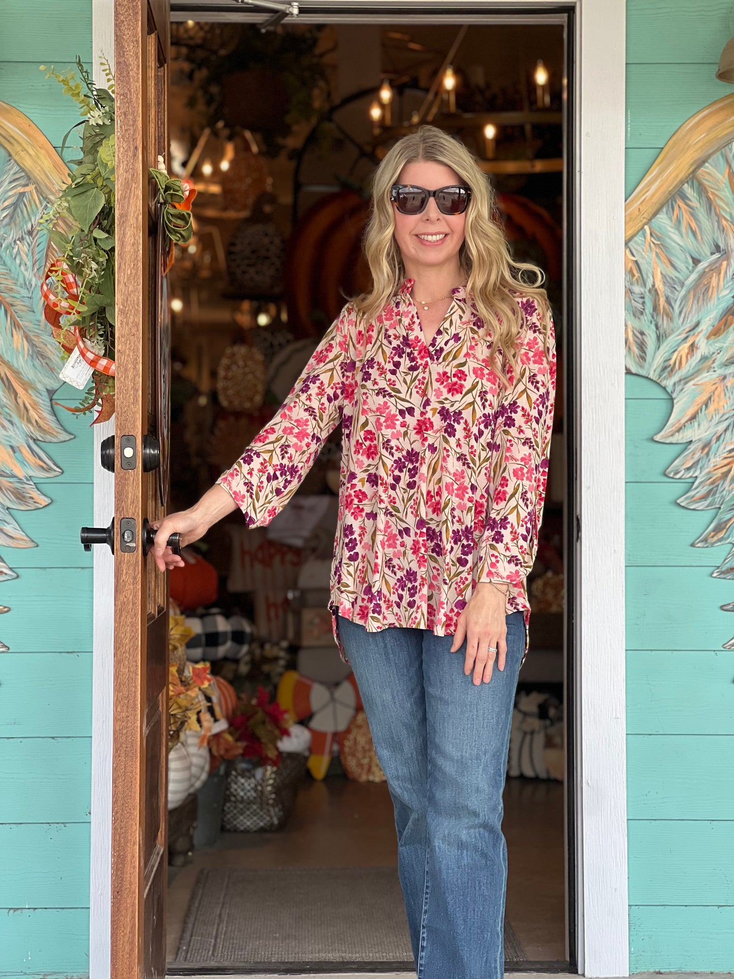Lizzy Taupe Plum Floral Print 3/4 Sleeve Top