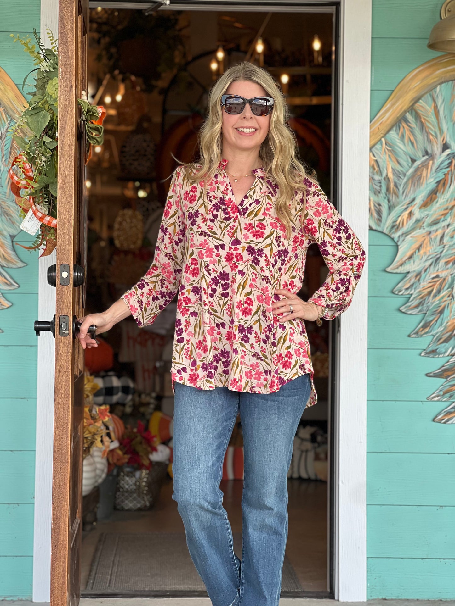 Lizzy Taupe Plum Floral Print 3/4 Sleeve Top